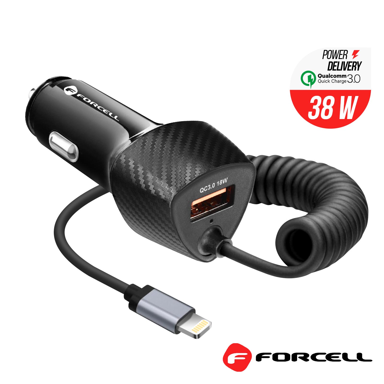 Cargador Coche USB-C 20W, Mechero con Power Delivery 3.0, Forcell - Negro  Carbono - Spain