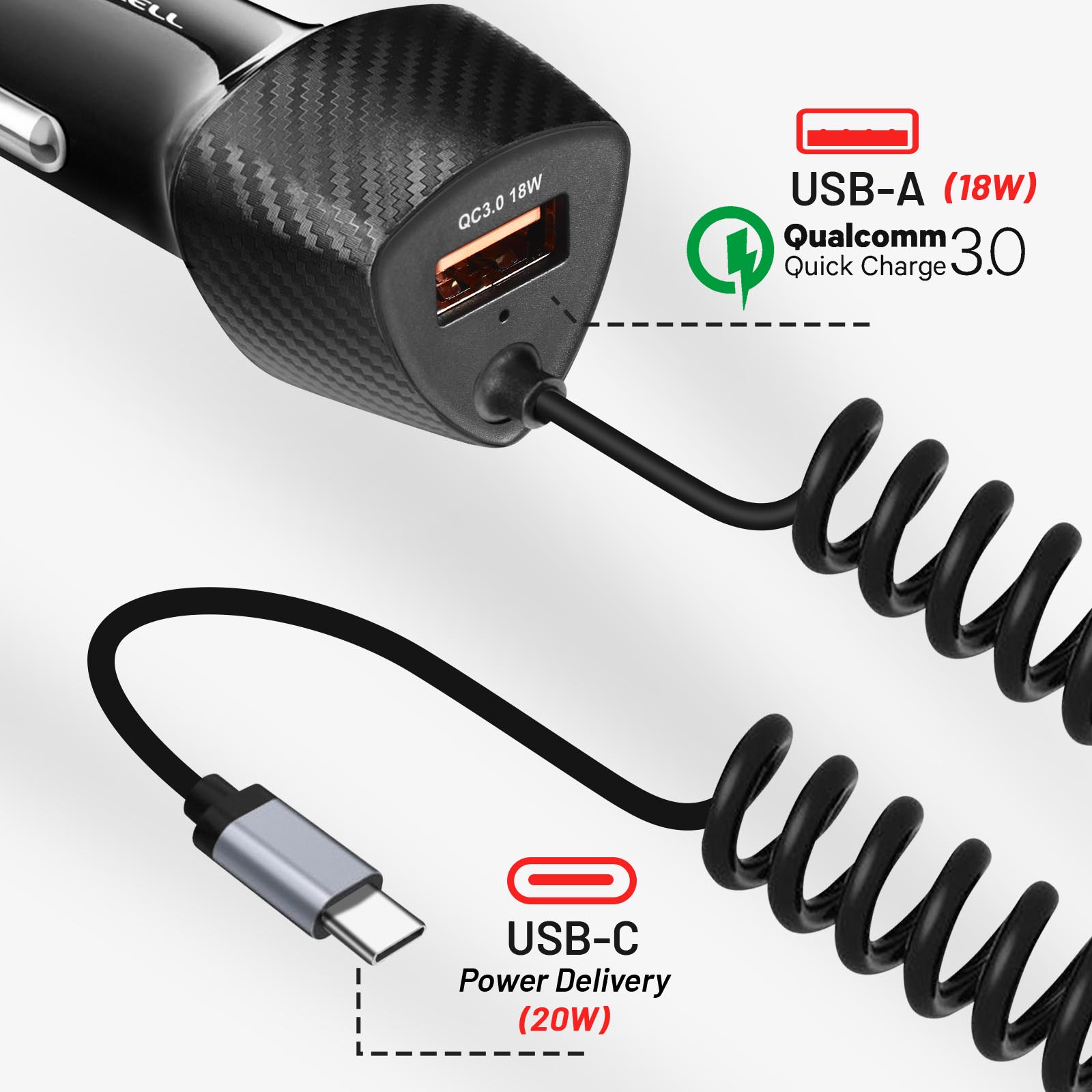 Forcell Chargeur Voiture USB 38W QC 3.0 + Câble USB-C PD Intégré
