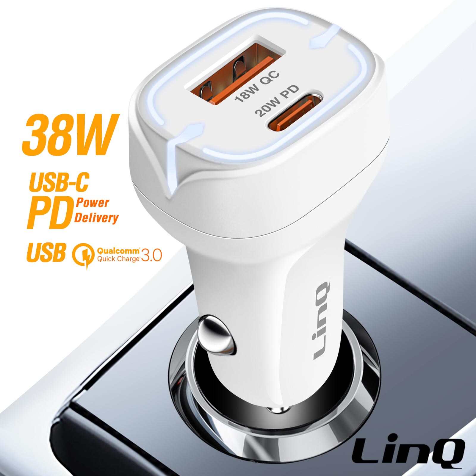 Caricatore accendisigari 38W, USB-C e USB 3.0 + illuminazione LED, LinQ -  bianco - Italiano