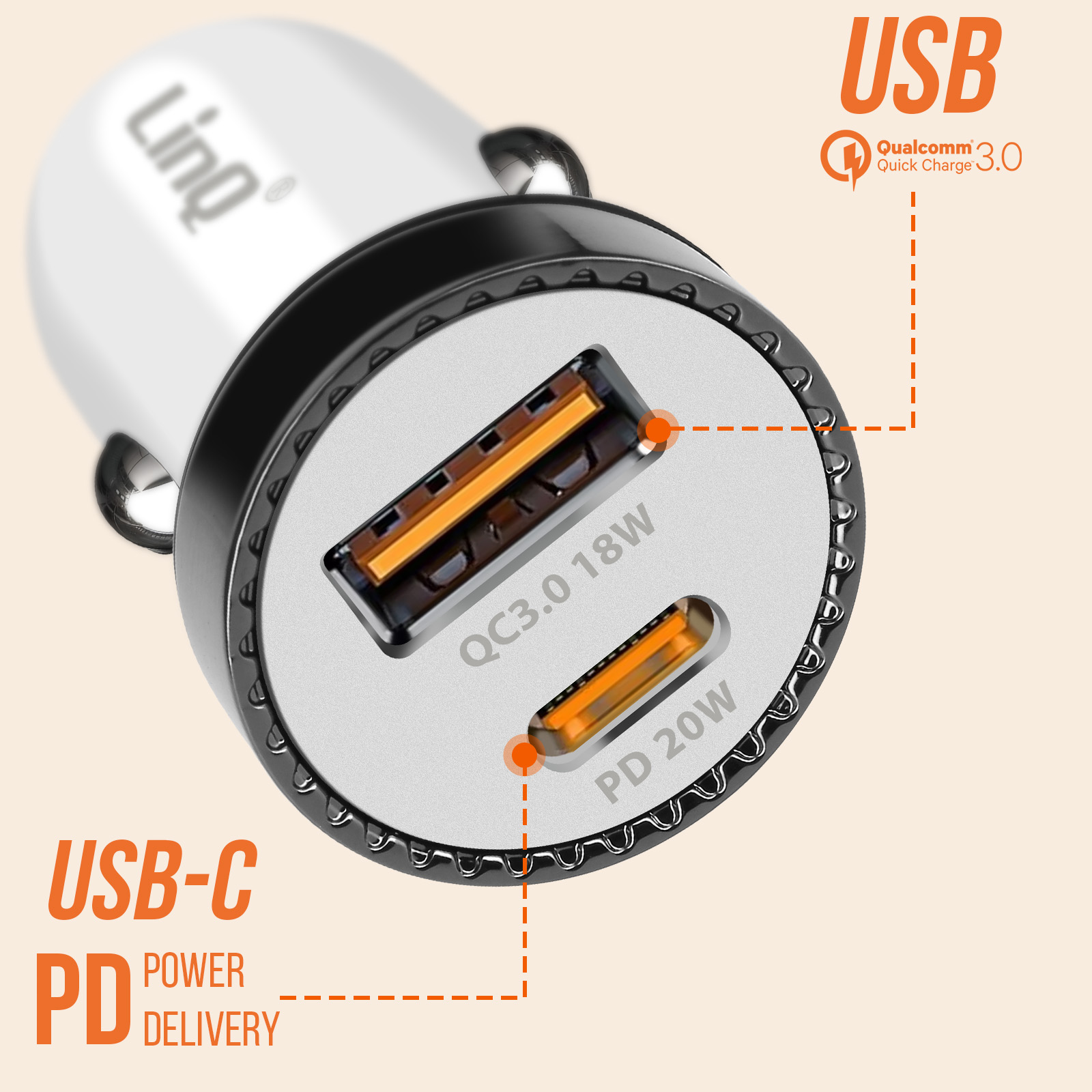 Caricatore accendisigari 38W, USB-C e USB 3.0 + illuminazione LED, LinQ -  bianco - Italiano