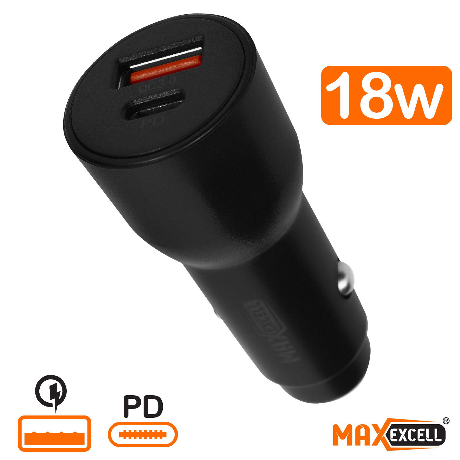 Chargeur Voiture USB Quick Charge + USB-C Power Delivery 18W Max excell -  Noir - Français