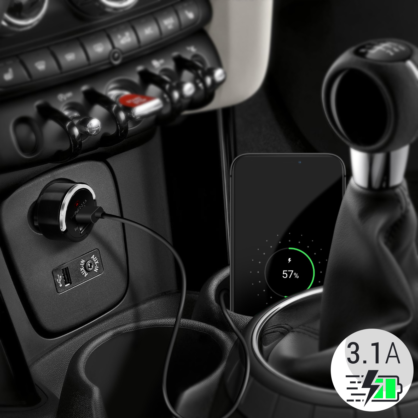 Avizar Cargador móvil de coche encendedor 2xUSB 3.1A + Anilla plegable - Negro