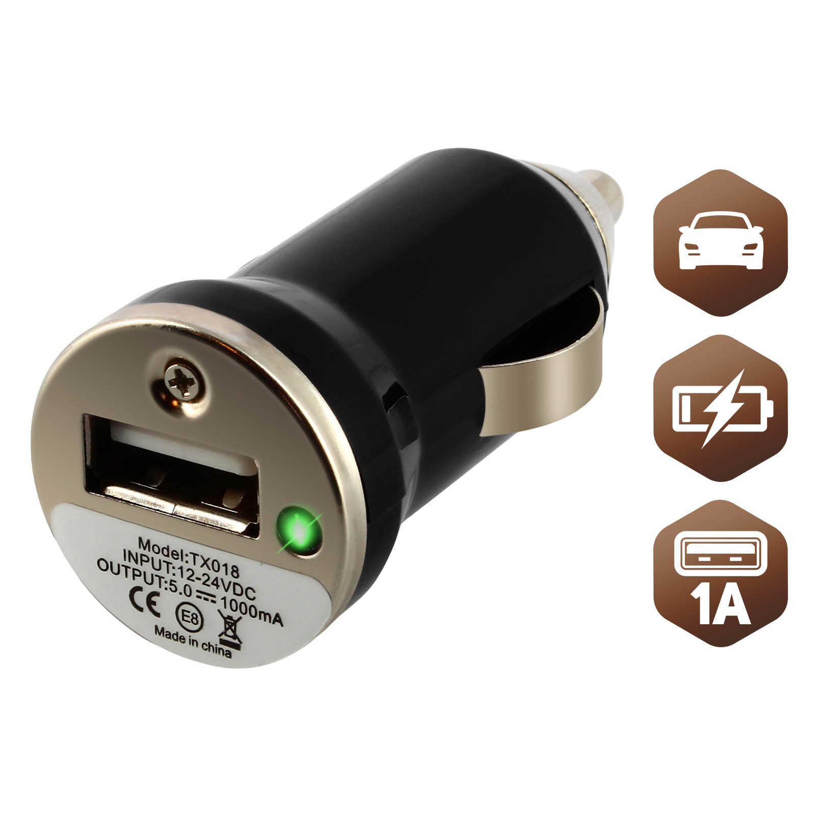 USB 1A Lade-Adapter, Zigaretten-Anzünder mit LED-Anzeige - German