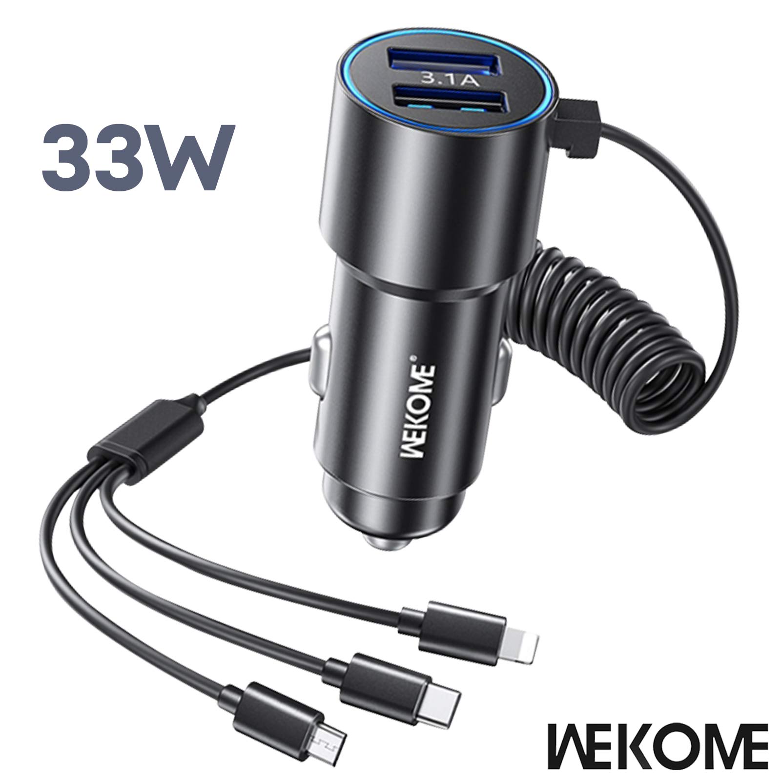 Chargeur Voiture 2x USB 33W + Câble 3 en 1, Wekome - Noir