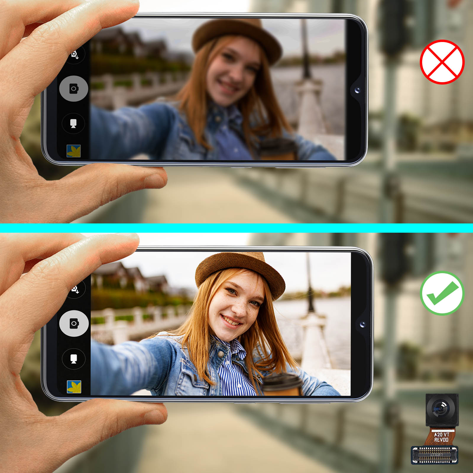 Module Caméra Avant avec nappe de connexion p. Samsung Galaxy A20e