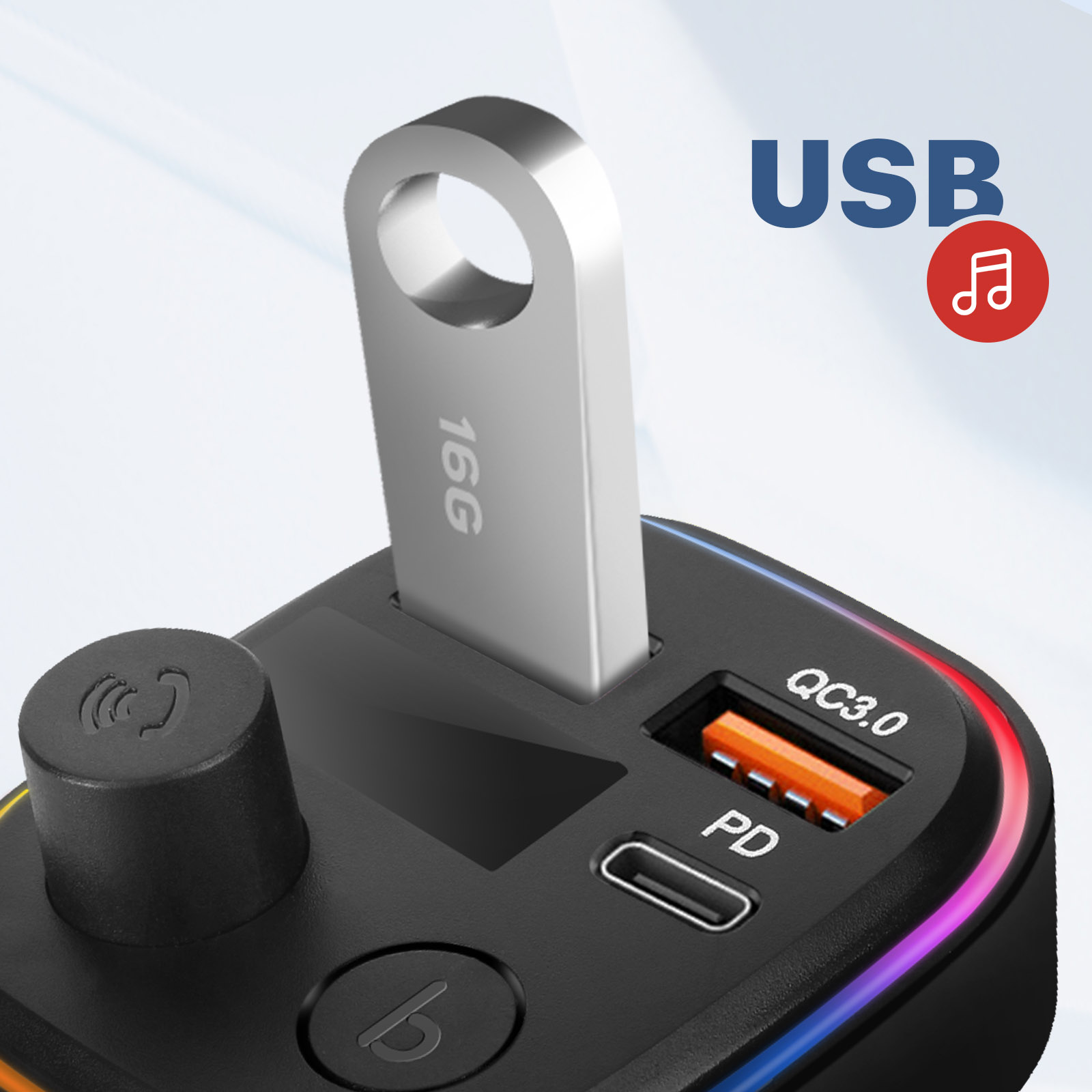 Transmisor FM Bluetooth, cargador de mechero USB / USB-C, modelo C2 - Negro  - Spain
