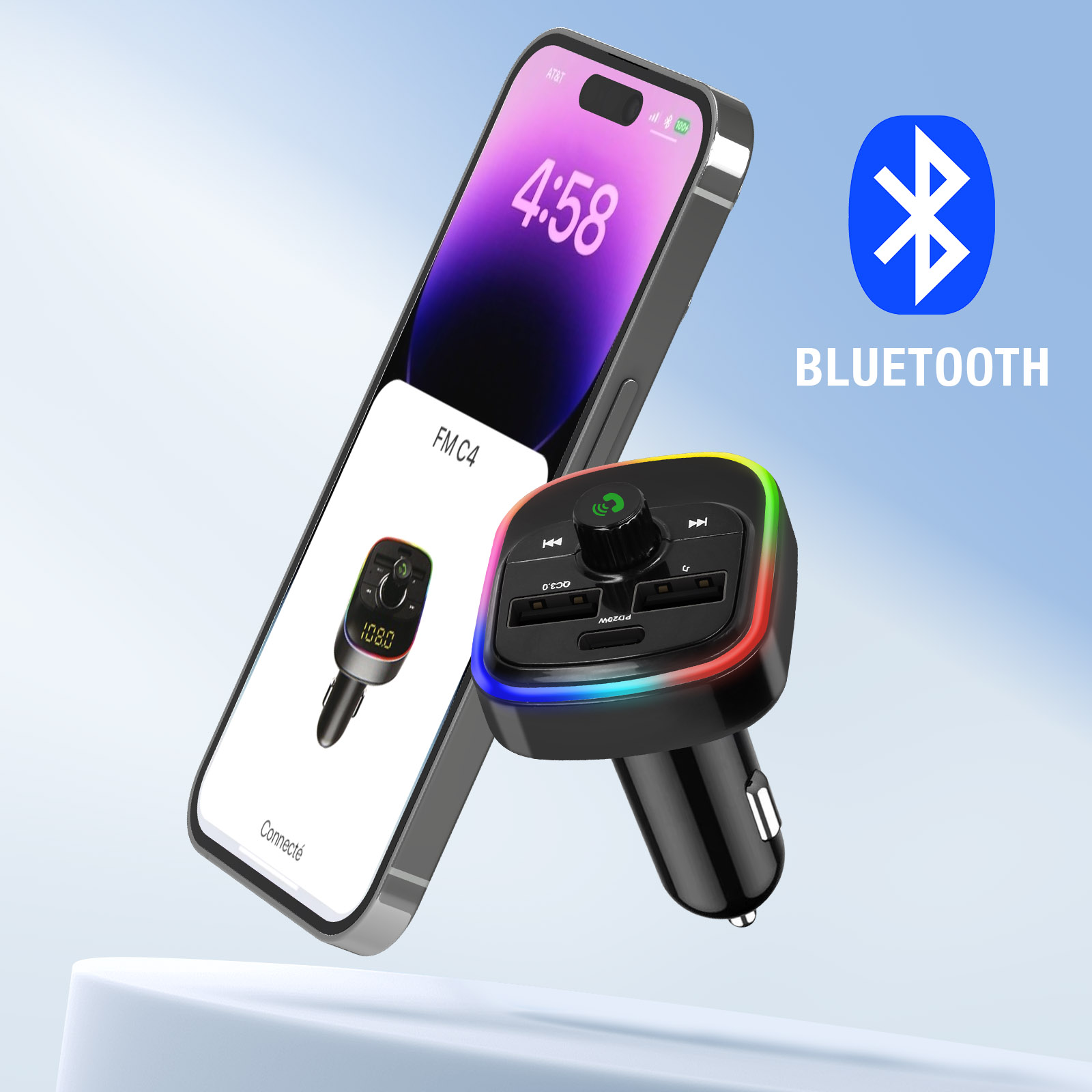 Transmetteur FM Bluetooth, Chargeur Voiture USB / USB-C, Modèle C4 - Noir -  Français