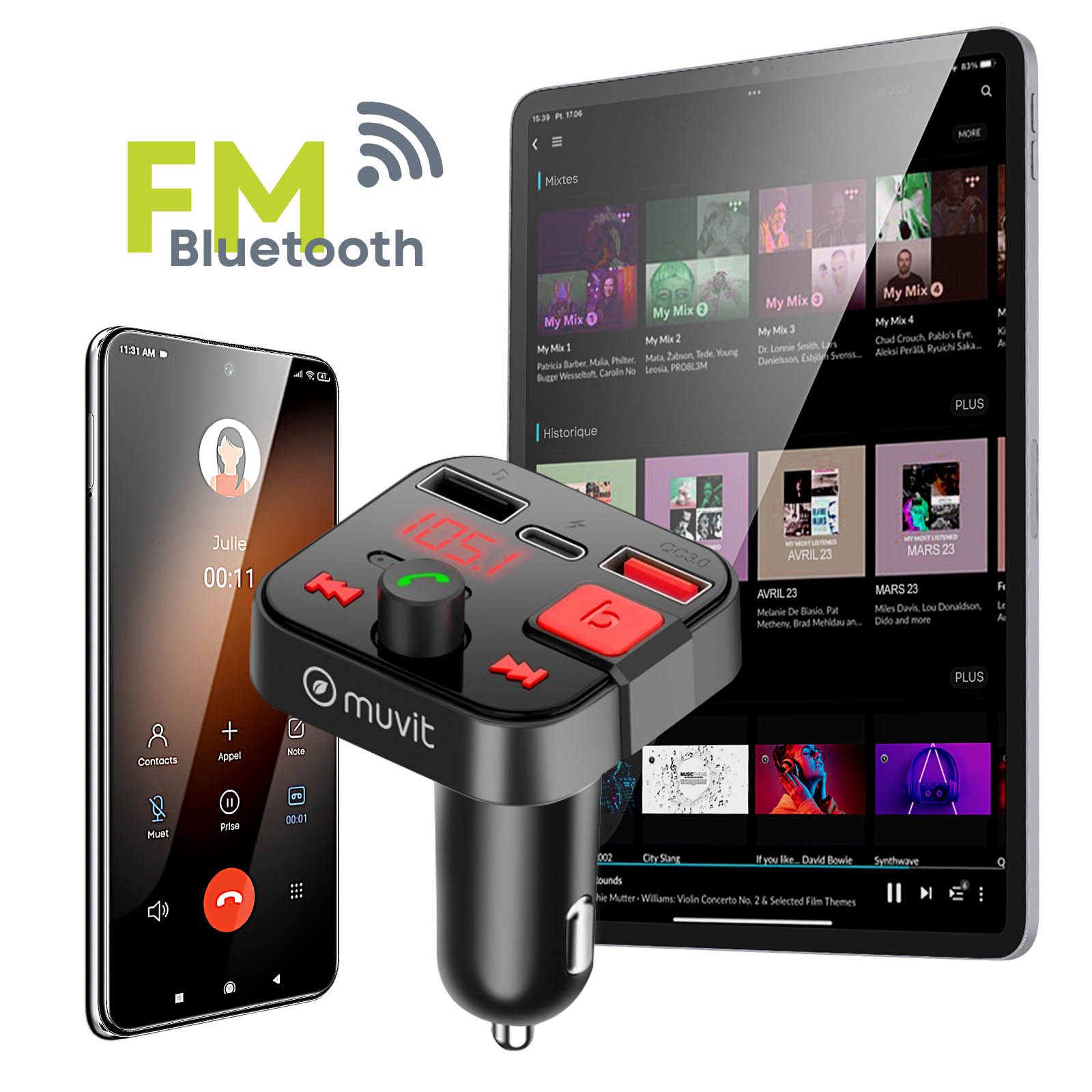 Transmisor FM Bluetooth, USB + Cargador de coche USB C, 30W, Muvit