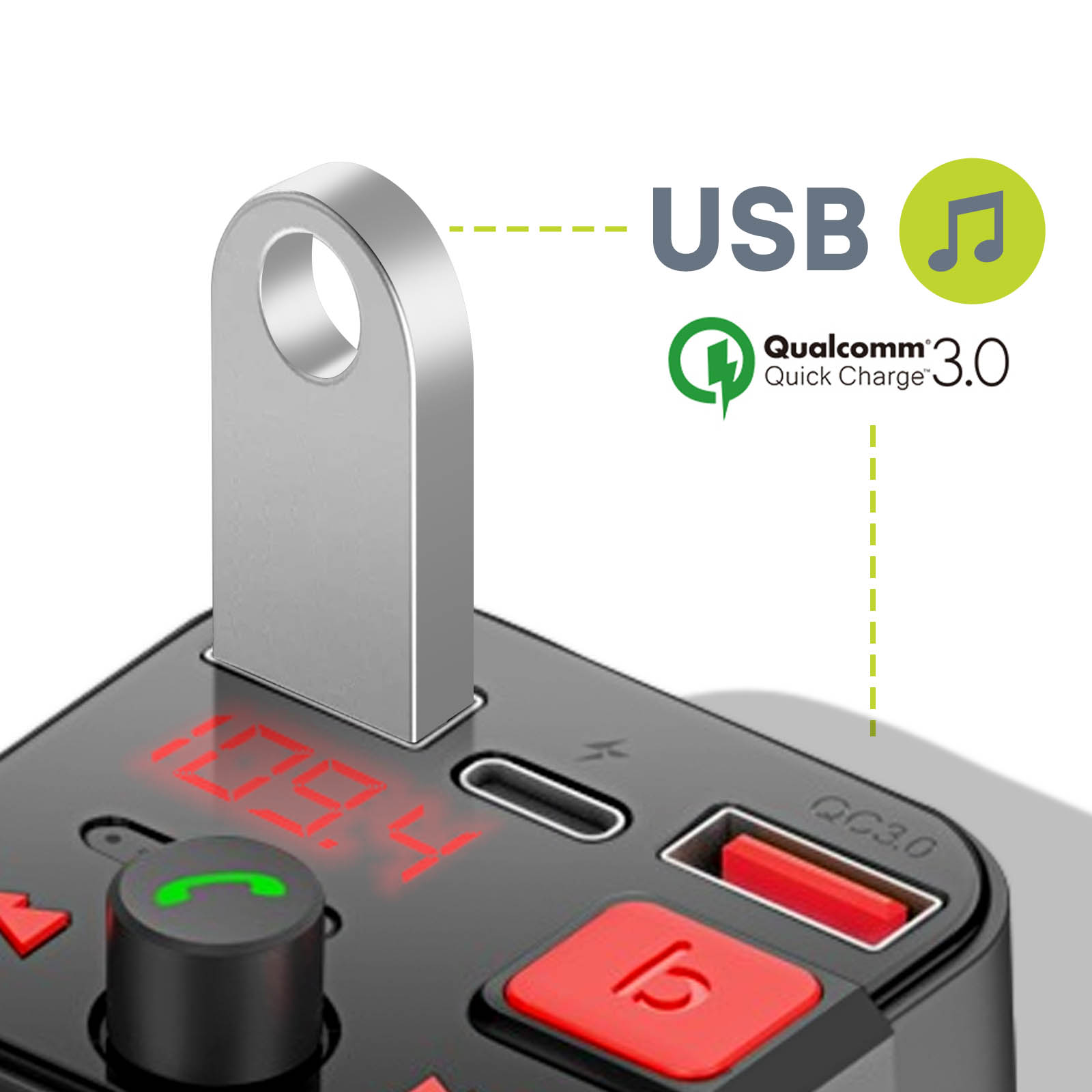 Transmetteur FM Bluetooth, Chargeur Voiture USB + USB C, 30W