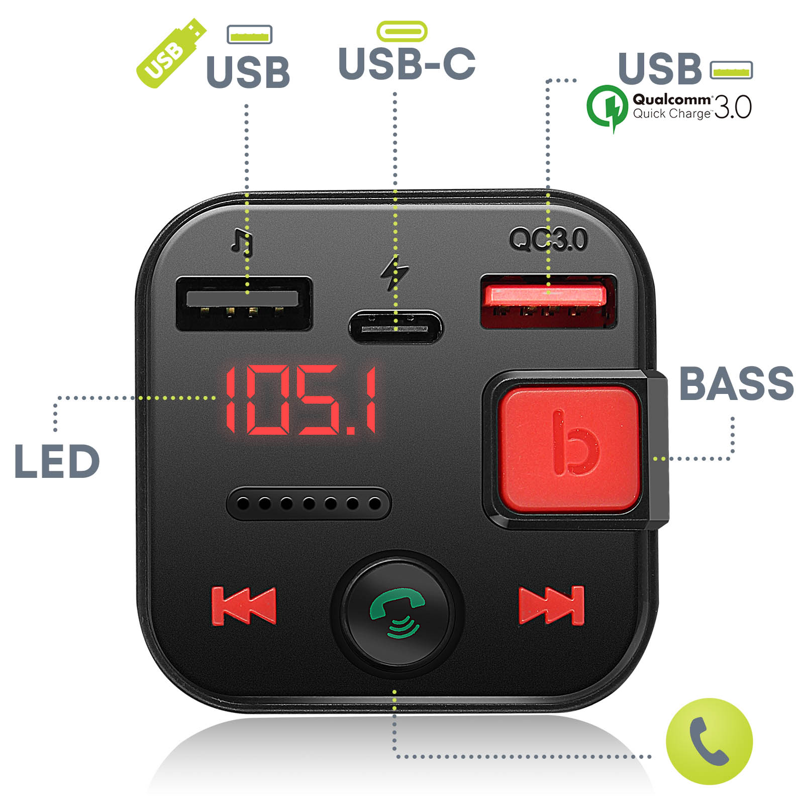 Transmisor FM Bluetooth, USB + Cargador de coche USB C, 30W, Muvit