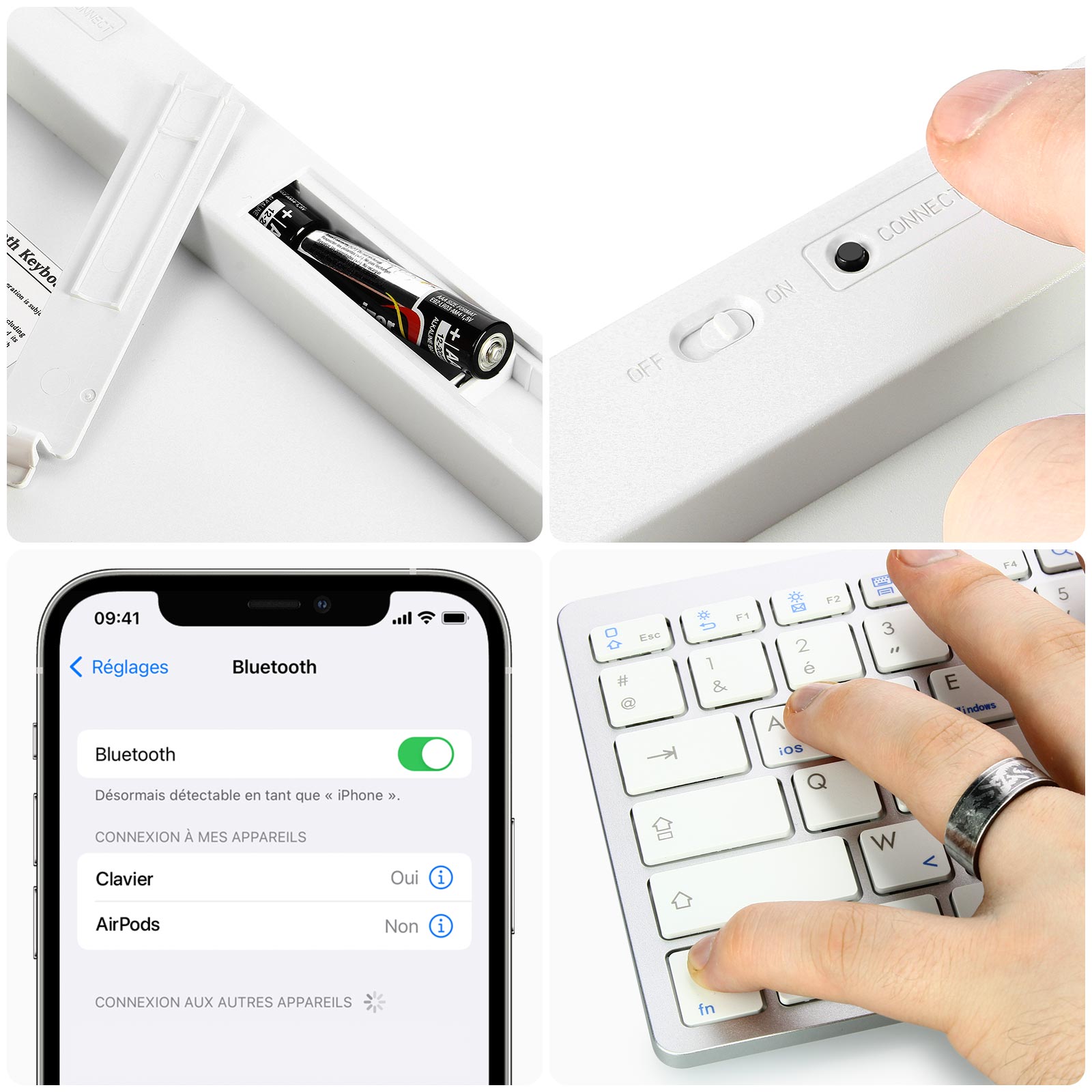 Clavier Bluetooth AZERTY Sans Fil pour Tablette, iPad, Laptop et Smartphone  - Blanc - Français