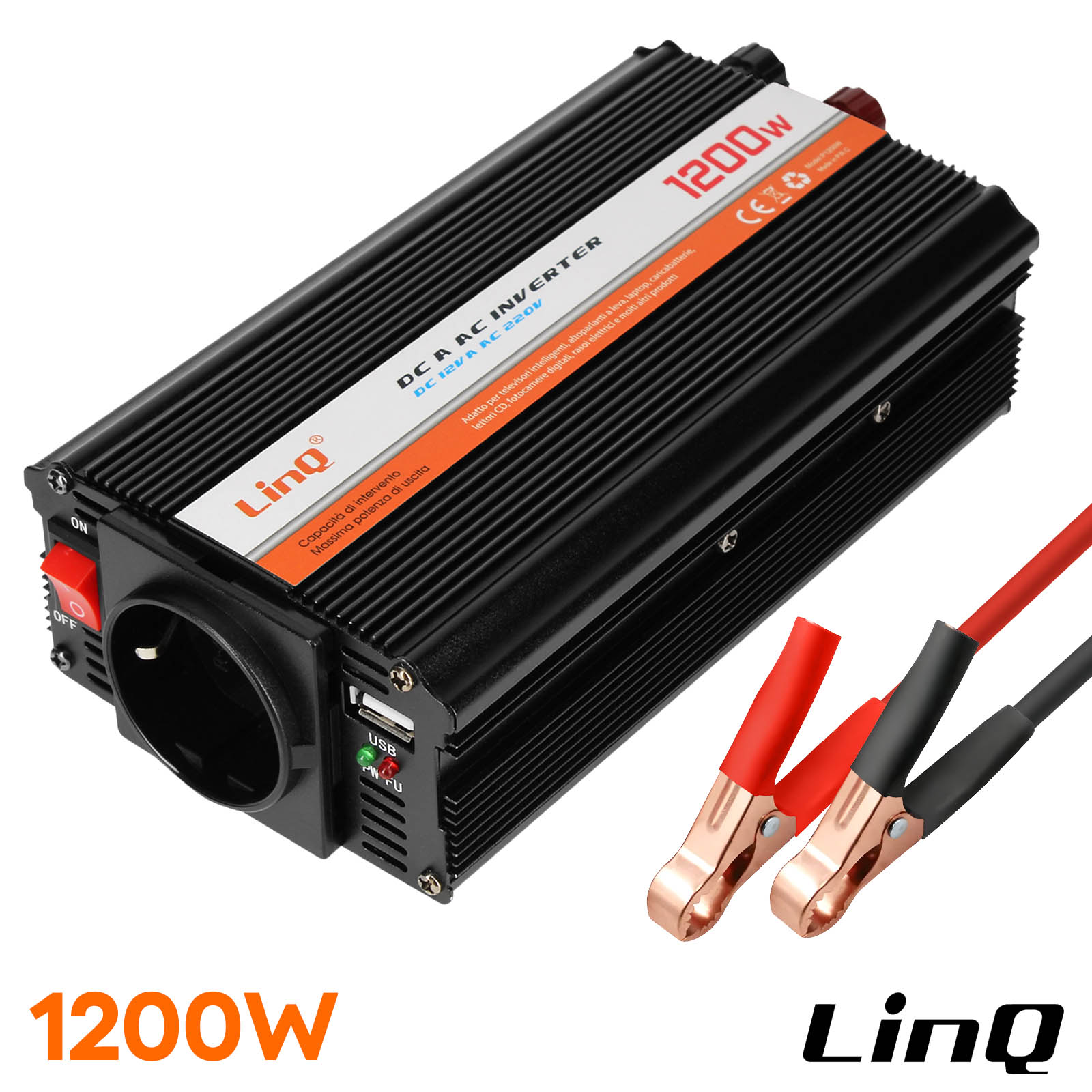 Convertitore di tensione 1200W - 12V / 220V - USB + presa UE - LinQ -  Italiano