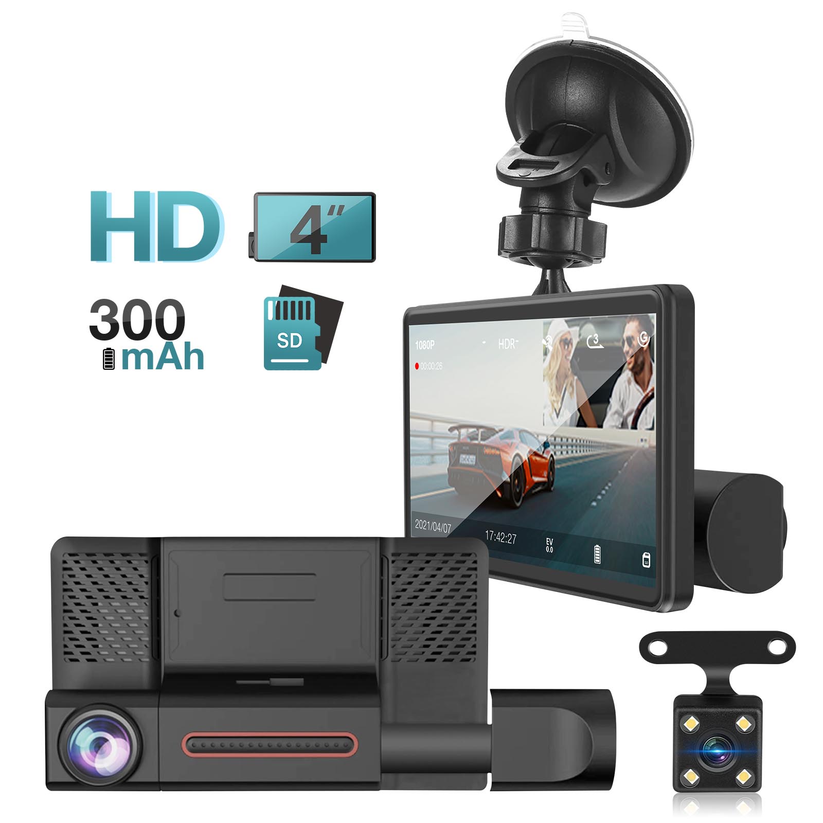 Dashcam Full HD 1080p per auto, 1 telecamera frontale e 1 interna