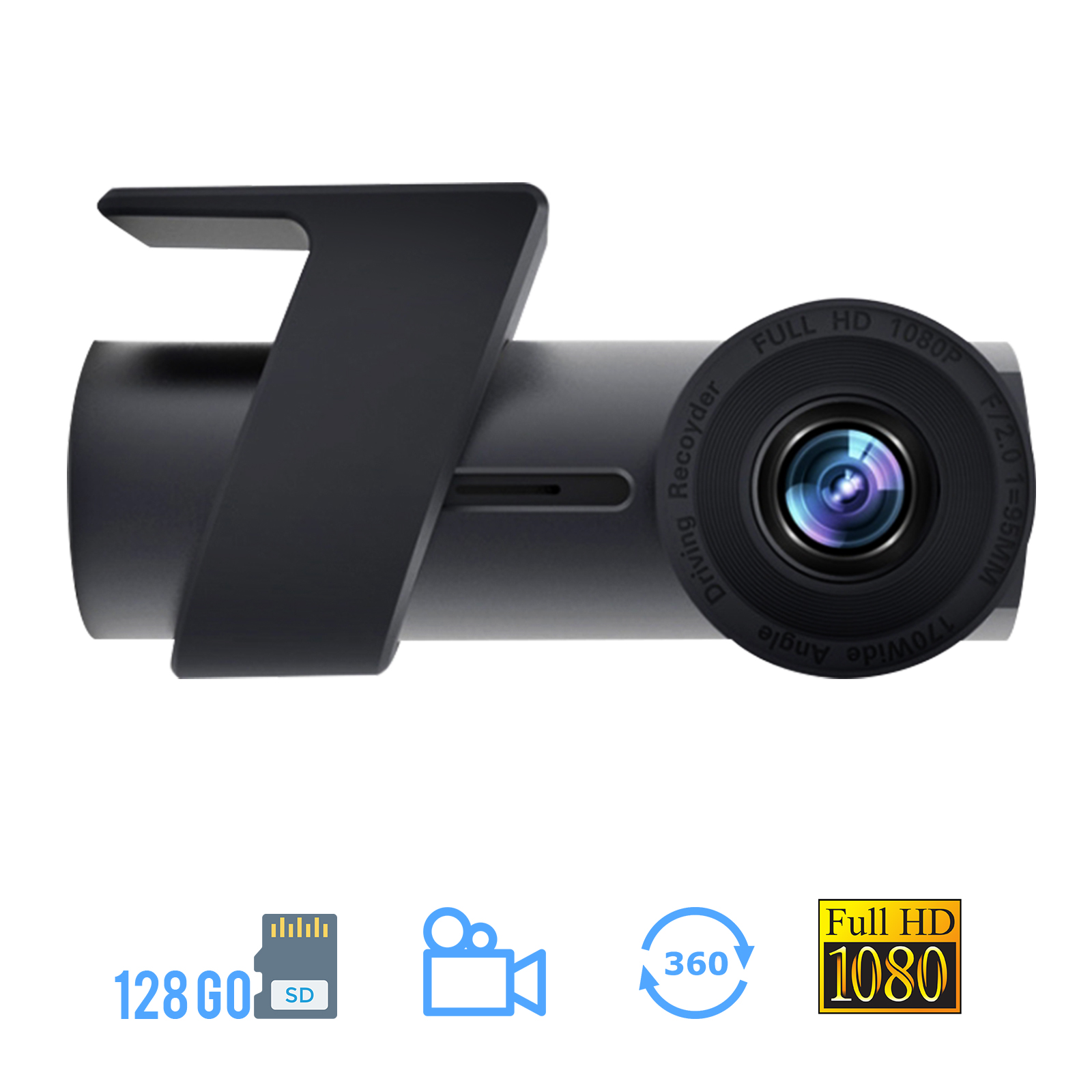 Dashcam Full HD 1080p, Caméra Voiture avec Micro, Rotation 360