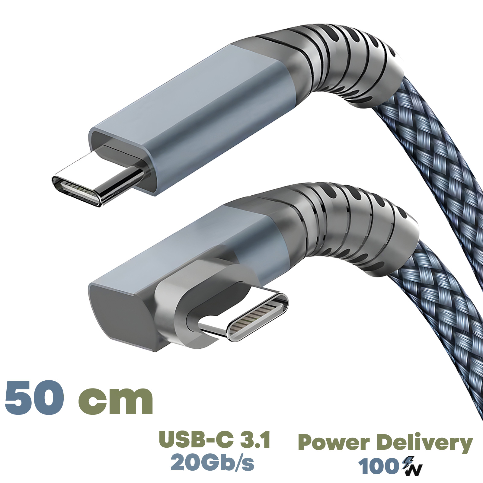 Câble USB-C coudé 100W, Résolution 4K + Transfert 20Gbps - Gris 50cm -  Français