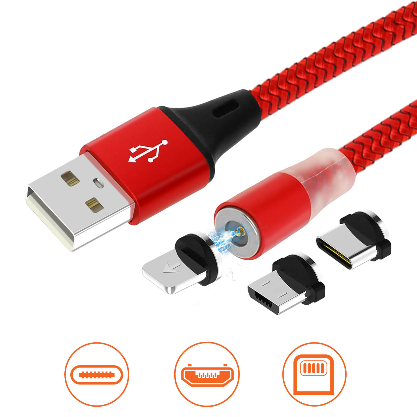 Câble 3-en-1 Magnétique 1m USB Type C / Micro USB / Lightning - Rouge -  Français