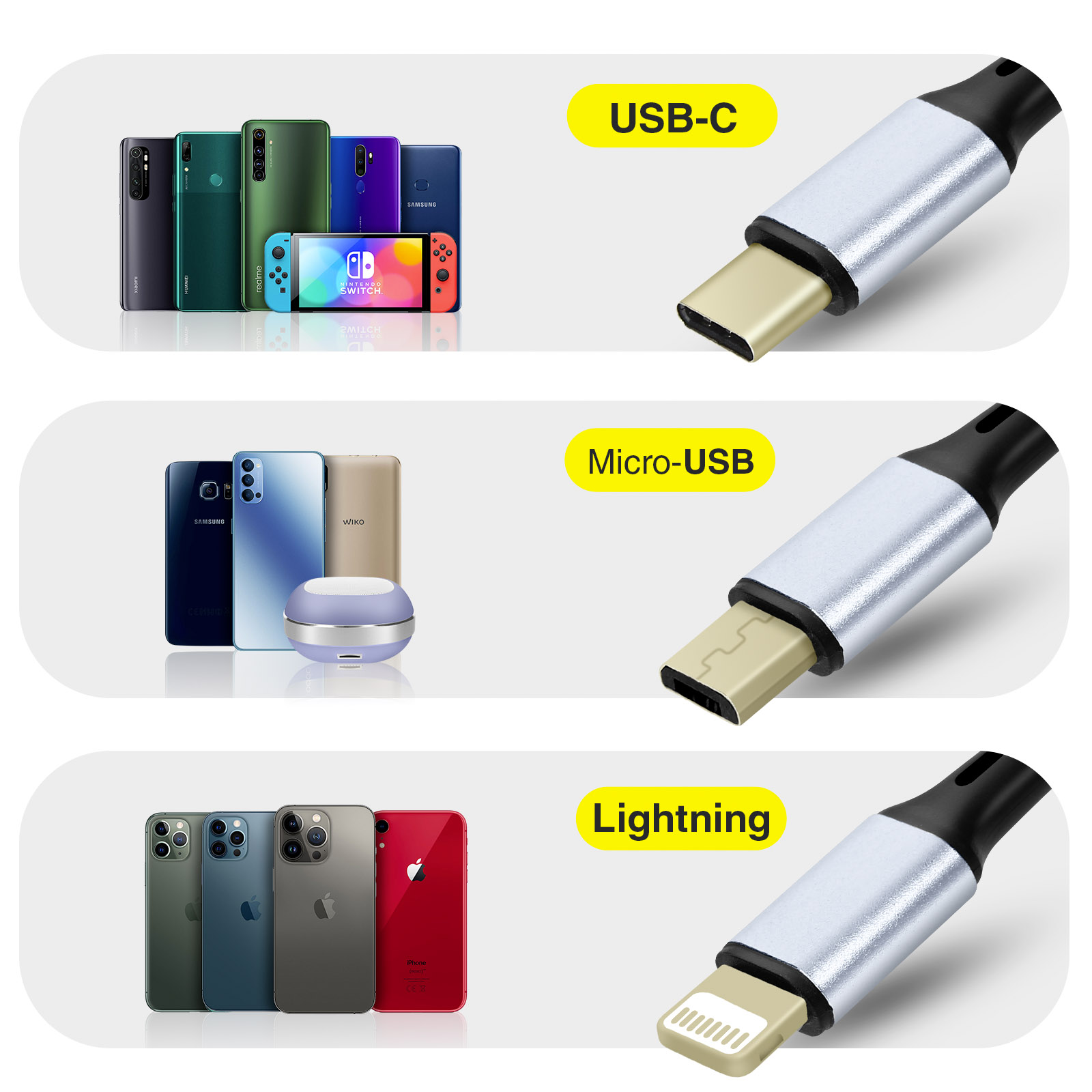 Câble 3 en 1 - Type C, Micro USB & Lightning vers USB, Noir – Konrow France