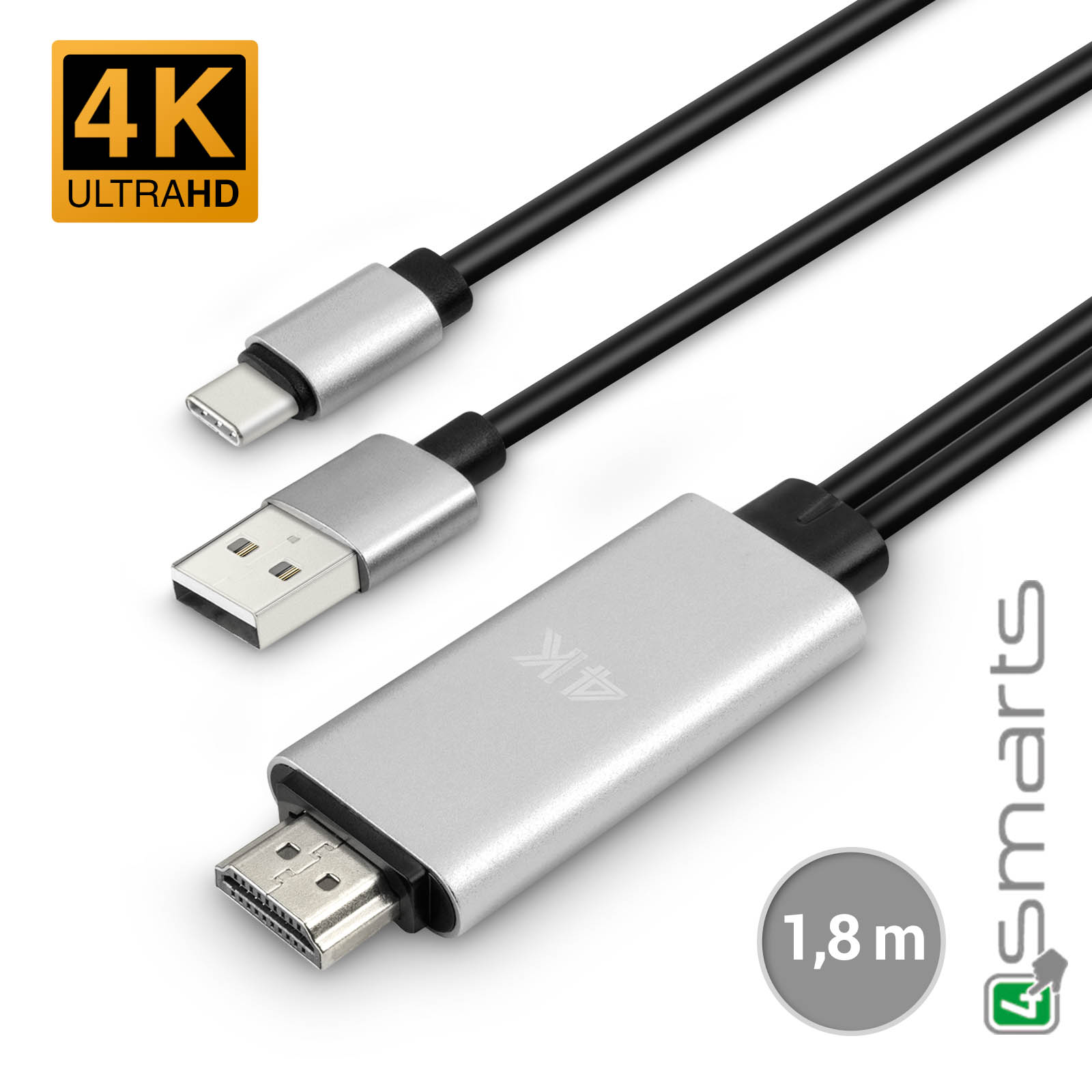 Câble Adaptateur Vidéo MHL USB type C vers HDMI 1,8 m, 4Smarts - Noir -  Français