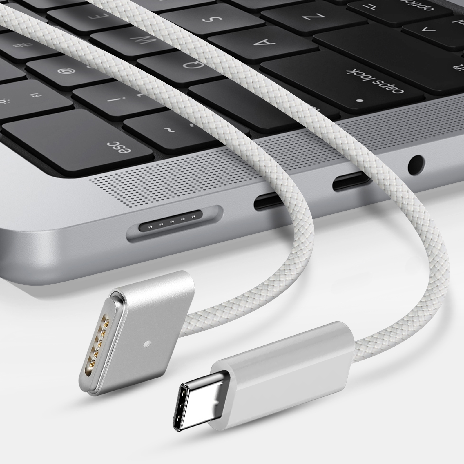 Original Apple MacBook USB-C / MagSafe 3 Kabel, Nylon Geflecht 2m – Weiß -  German