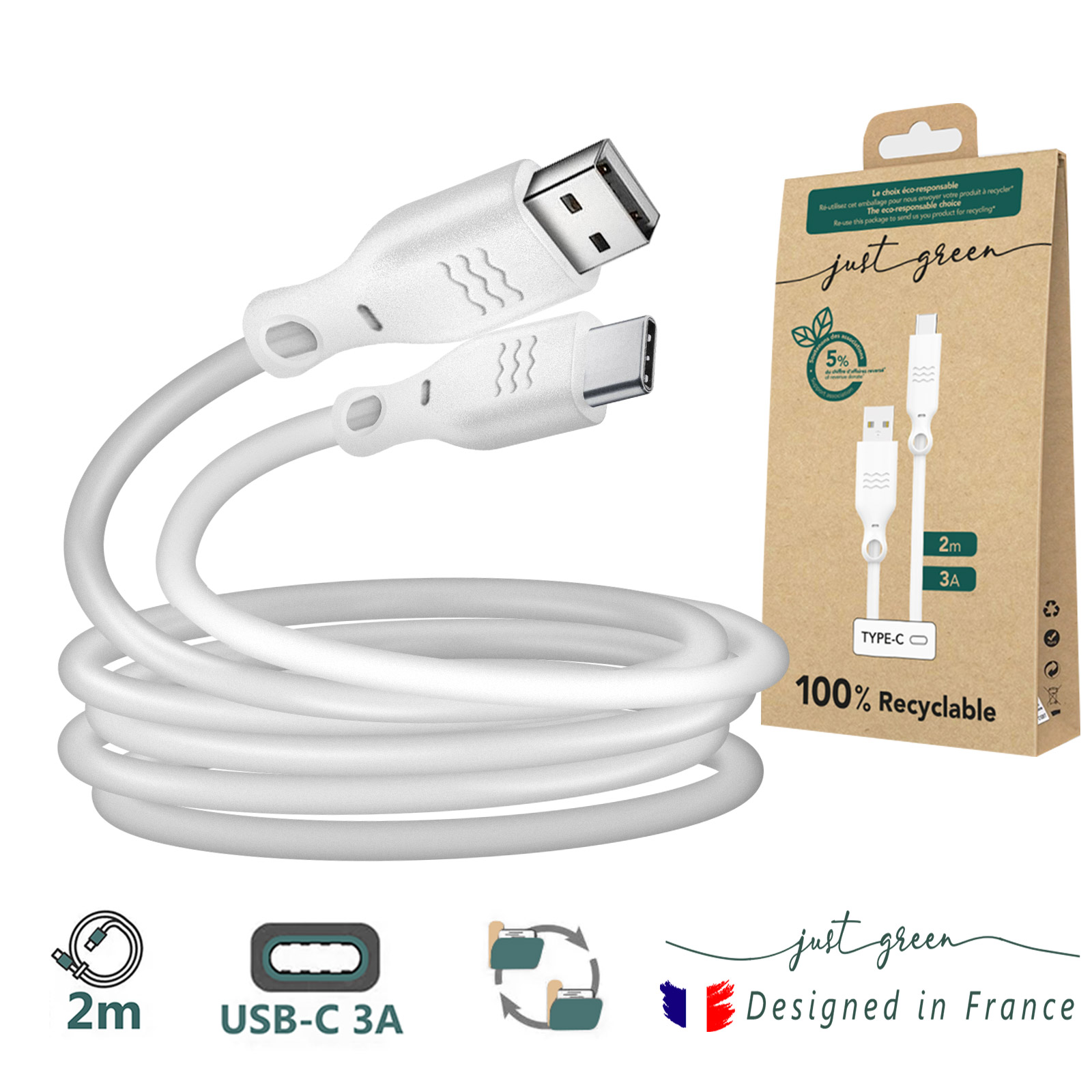 Câble Écologique USB-C vers USB-C Charge Rapide 3A, 1,2 mètres, Récyclable  Just Green Blanc - Français