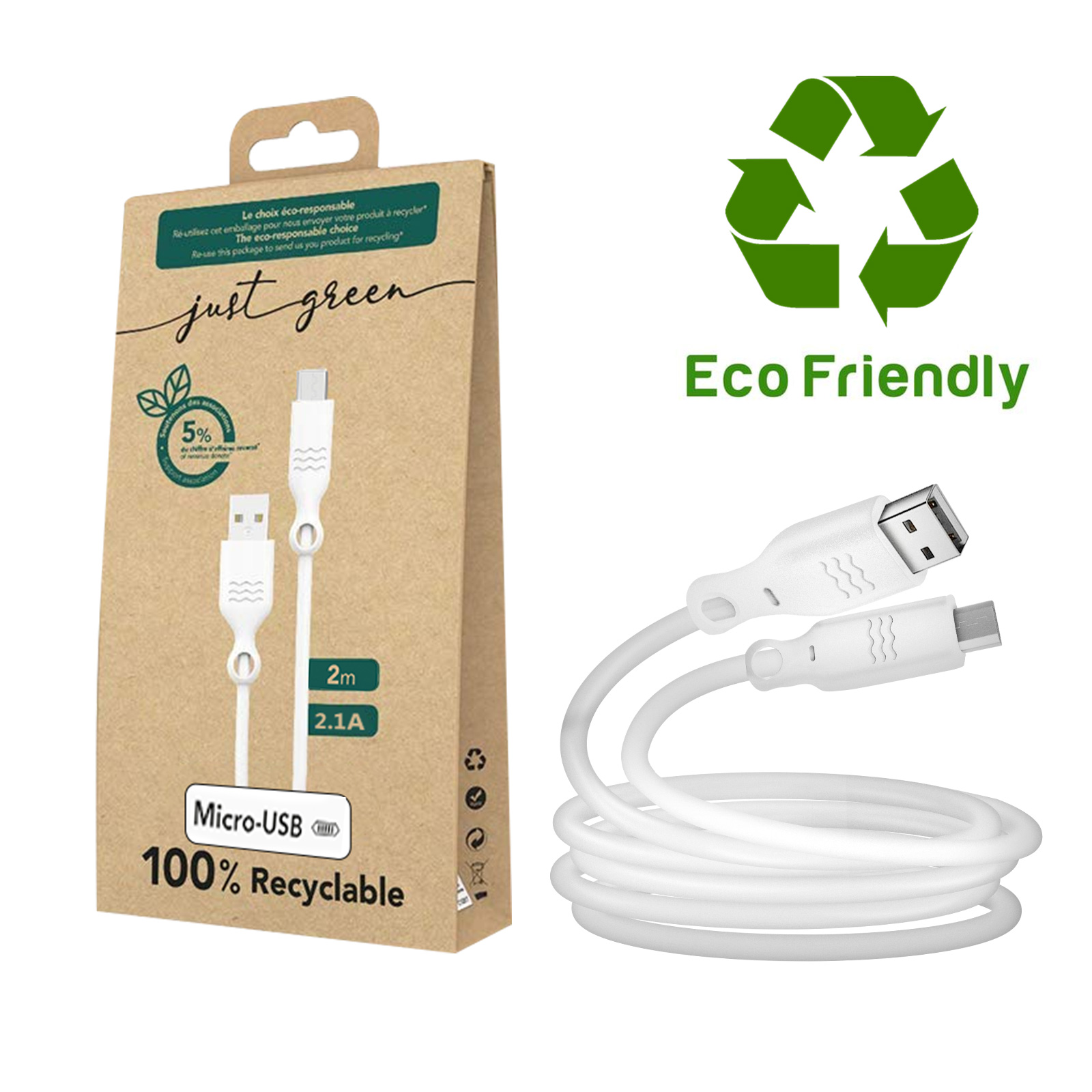 Câble Micro-USB Recyclable Ecologique Just Green Intensité 2.1a 2m Vert