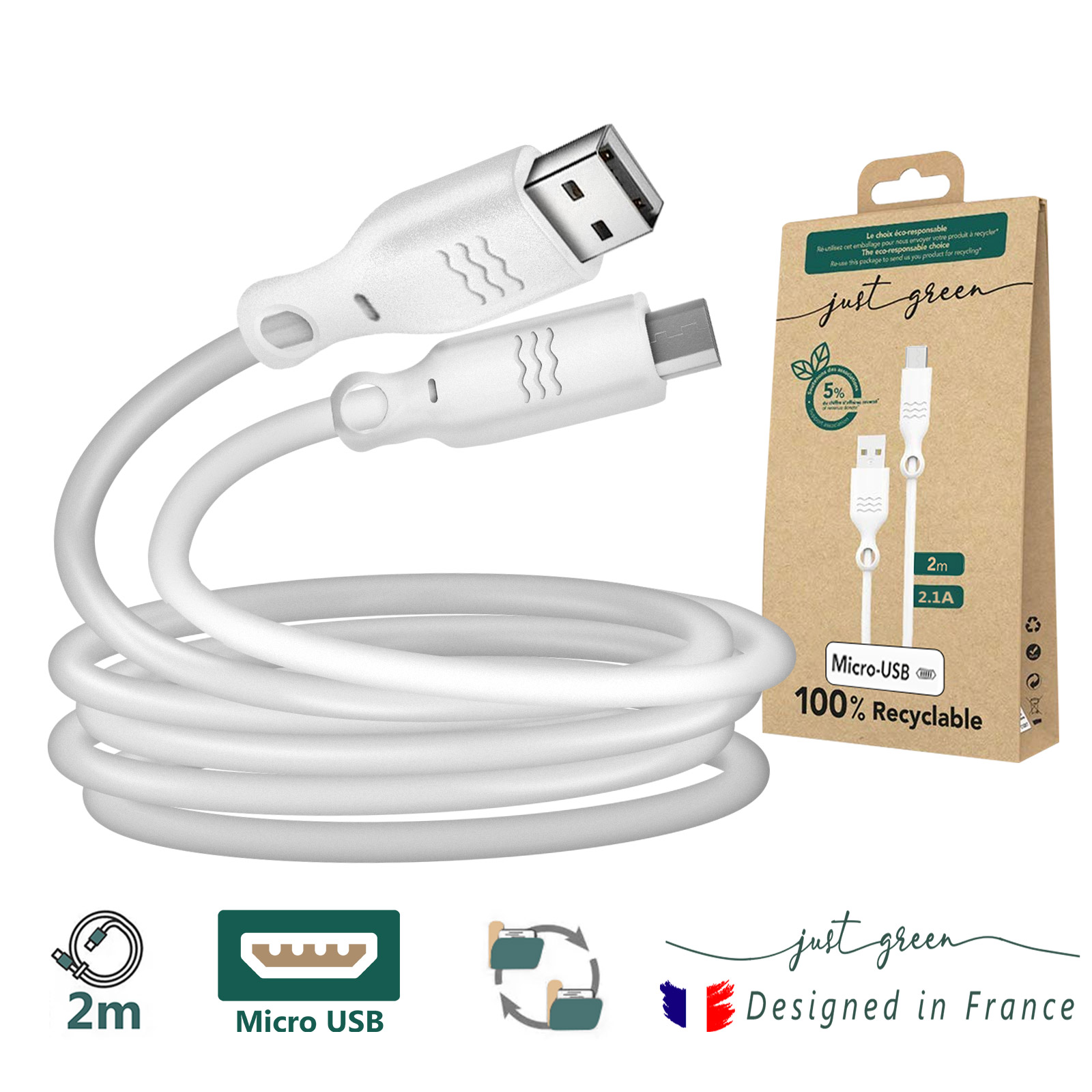 Câble Micro-USB Recyclable Ecologique Just Green Intensité 2.1a 2m Vert