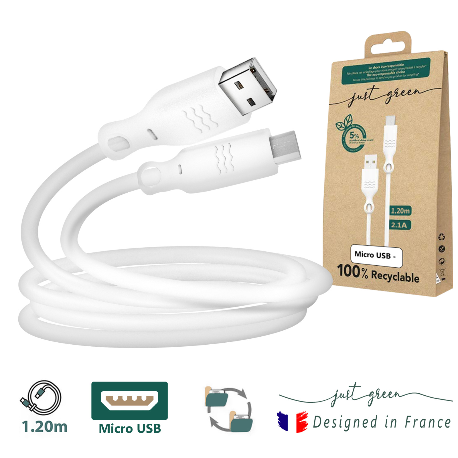 Câble Micro-USB Recyclable Ecologique Just Green Intensité 2.1a 2m Vert