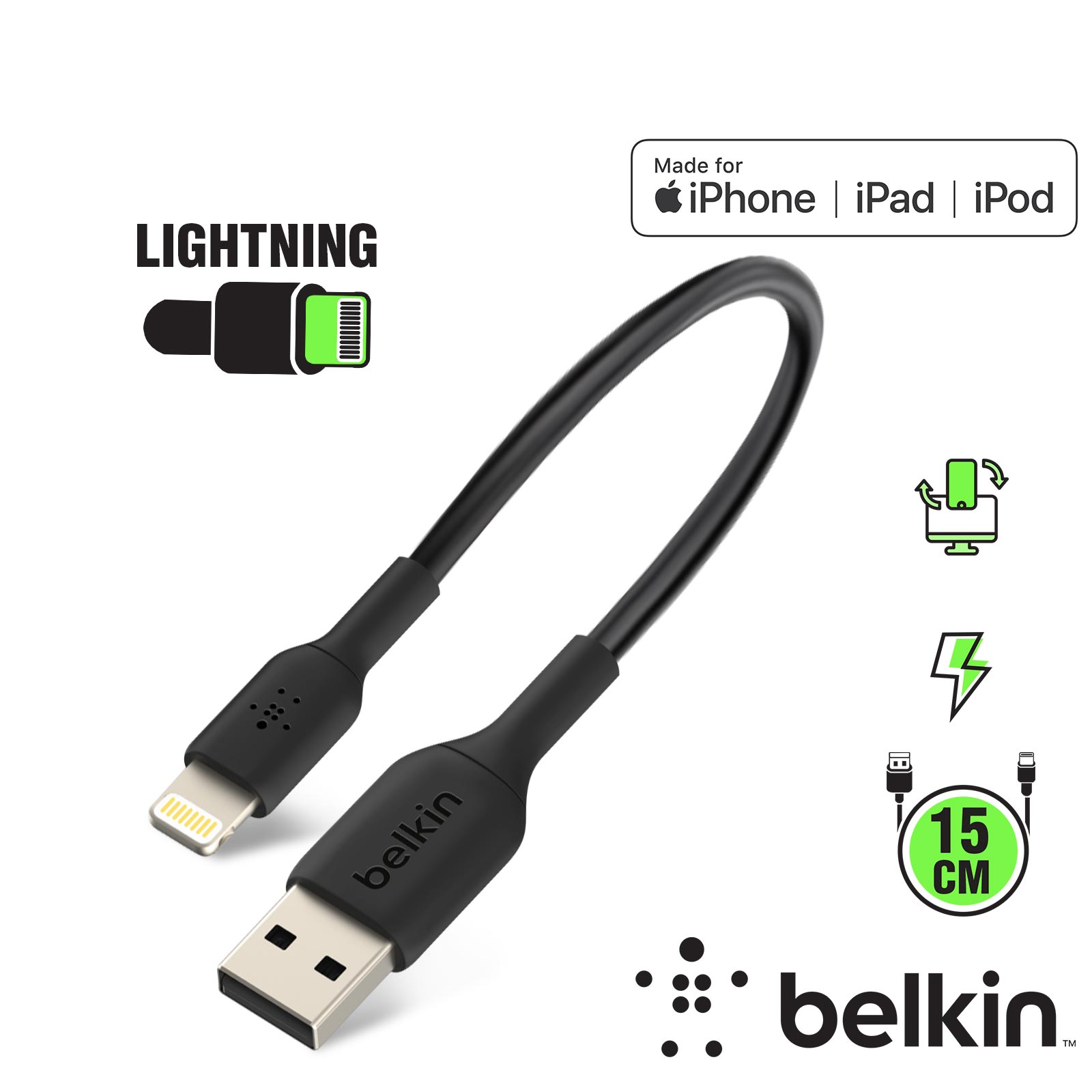 Câble Lightning vers USB-A (15 cm, noir)