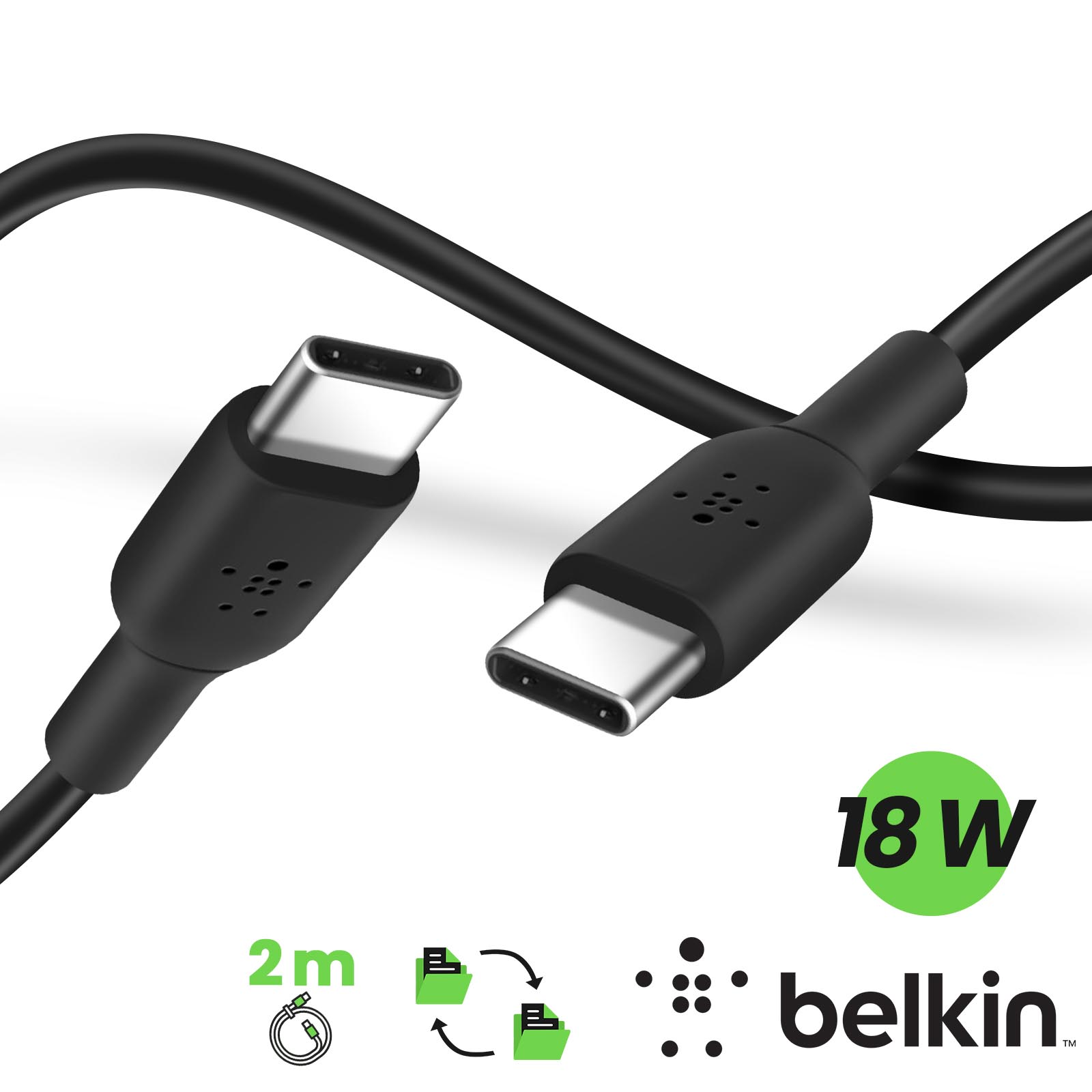 Câble USB-C Power Delivery 18W, BOOST↑CHARGE Ultra-résistant 2m, Belkin -  Noir - Français