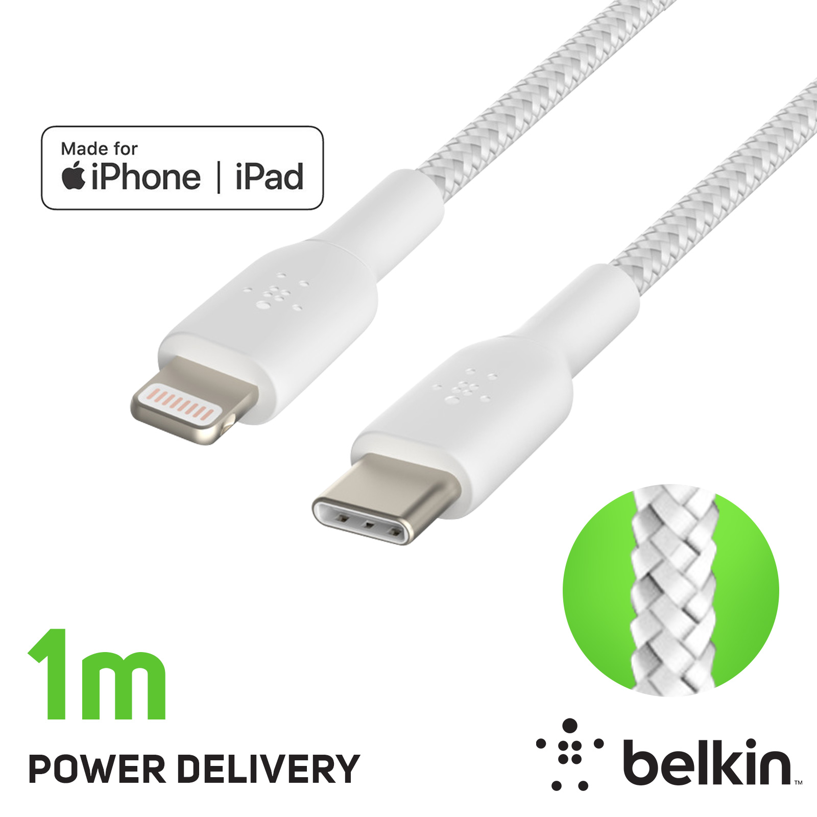 Câble USB-C vers iPhone / iPad Lightning MFi, Tressé en Nylon, série BOOST↑ CHARGE par Belkin, 1m - Blanc - Français