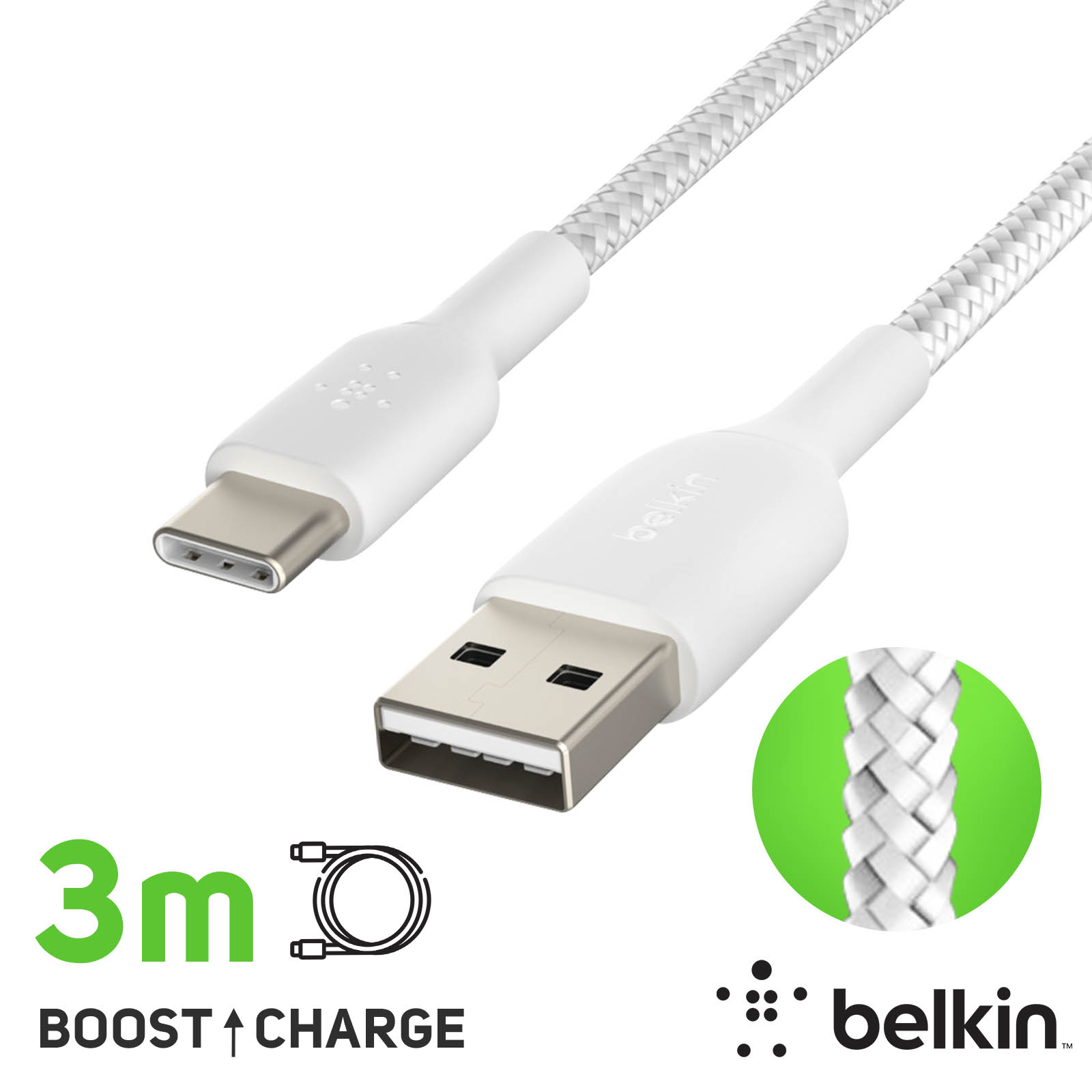Câble USB vers USB-C, Tressé en Nylon, série BOOST↑CHARGE par Belkin, 3m -  Blanc - Français