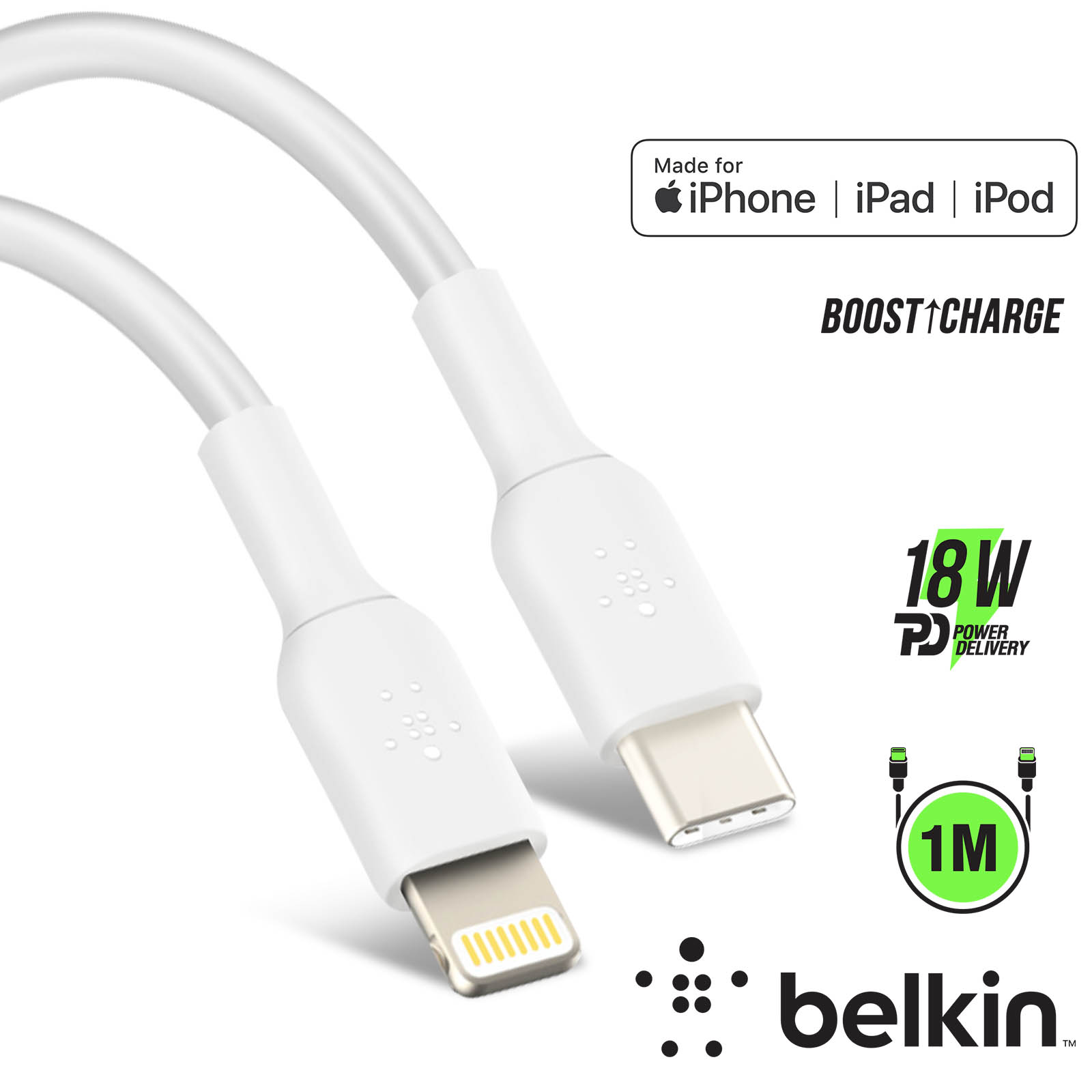 Câble USB-C vers iPhone / iPad Lightning MFi 18W Power Delivery 1m, Belkin  - Blanc - Français