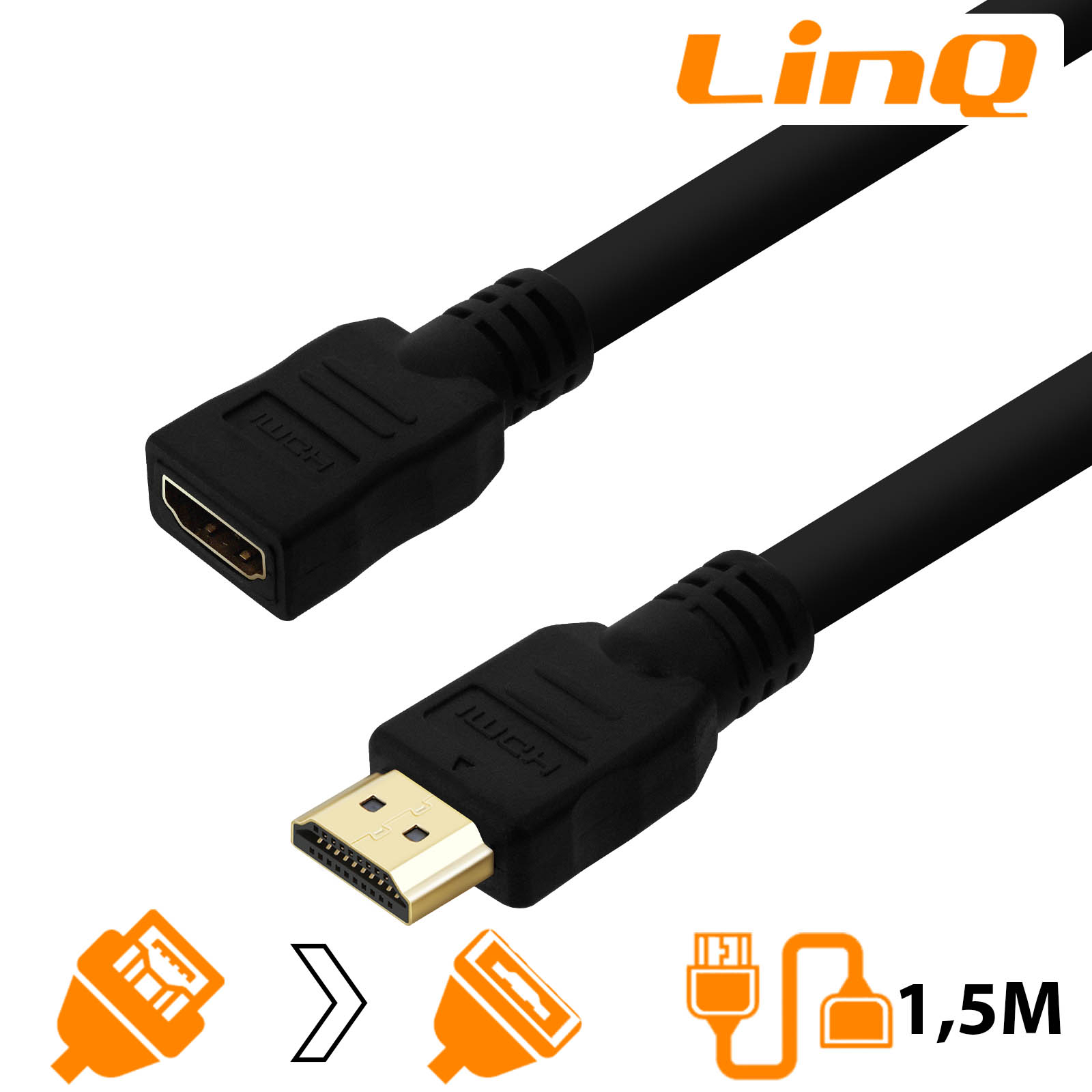 Alargador de HDMI macho a HDMI hembra de 1,5 m de LinQ - Negro - Spain