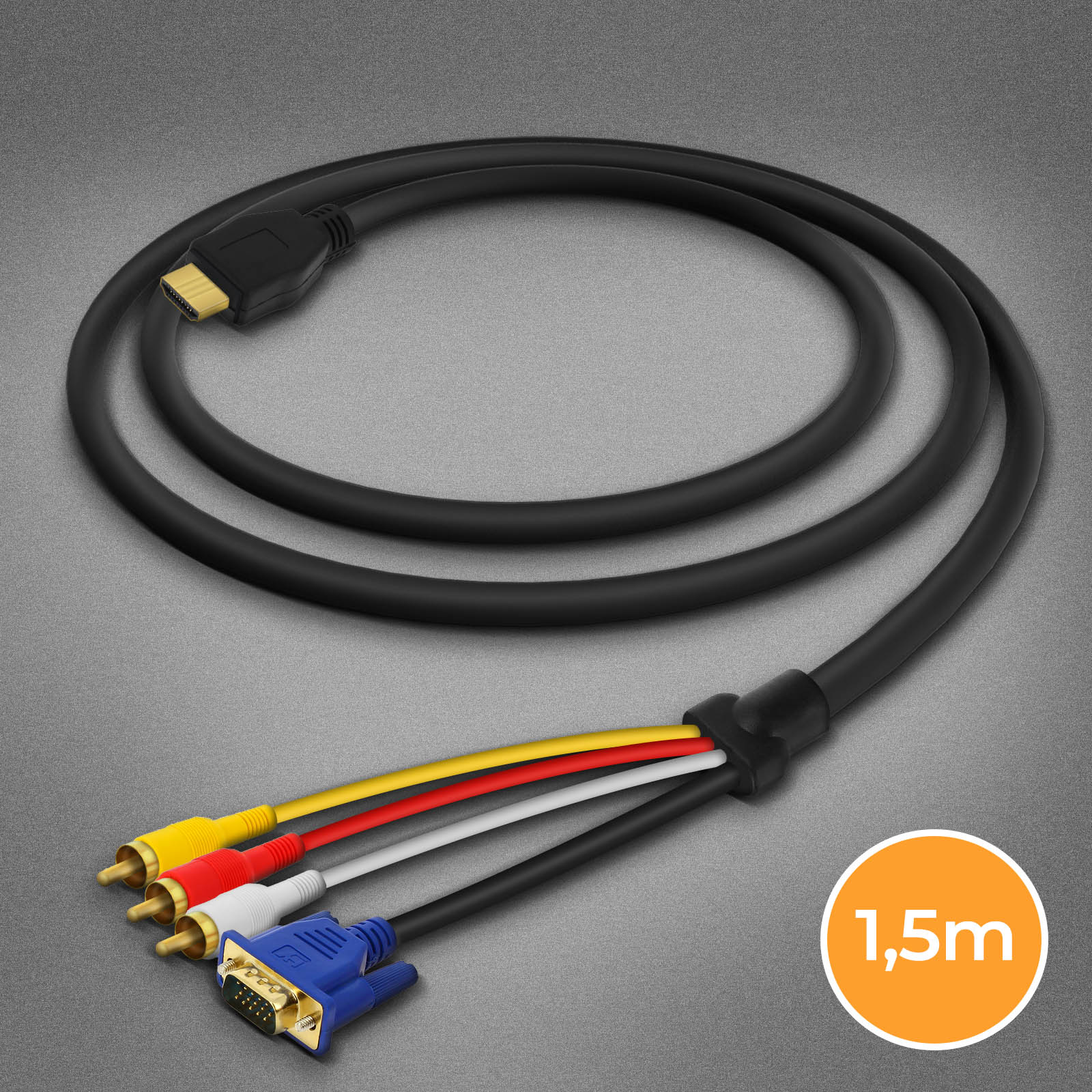 Câble Vidéo HDMI vers 3x RCA Mâles et VGA Mâle 1.5m, LinQ - Noir