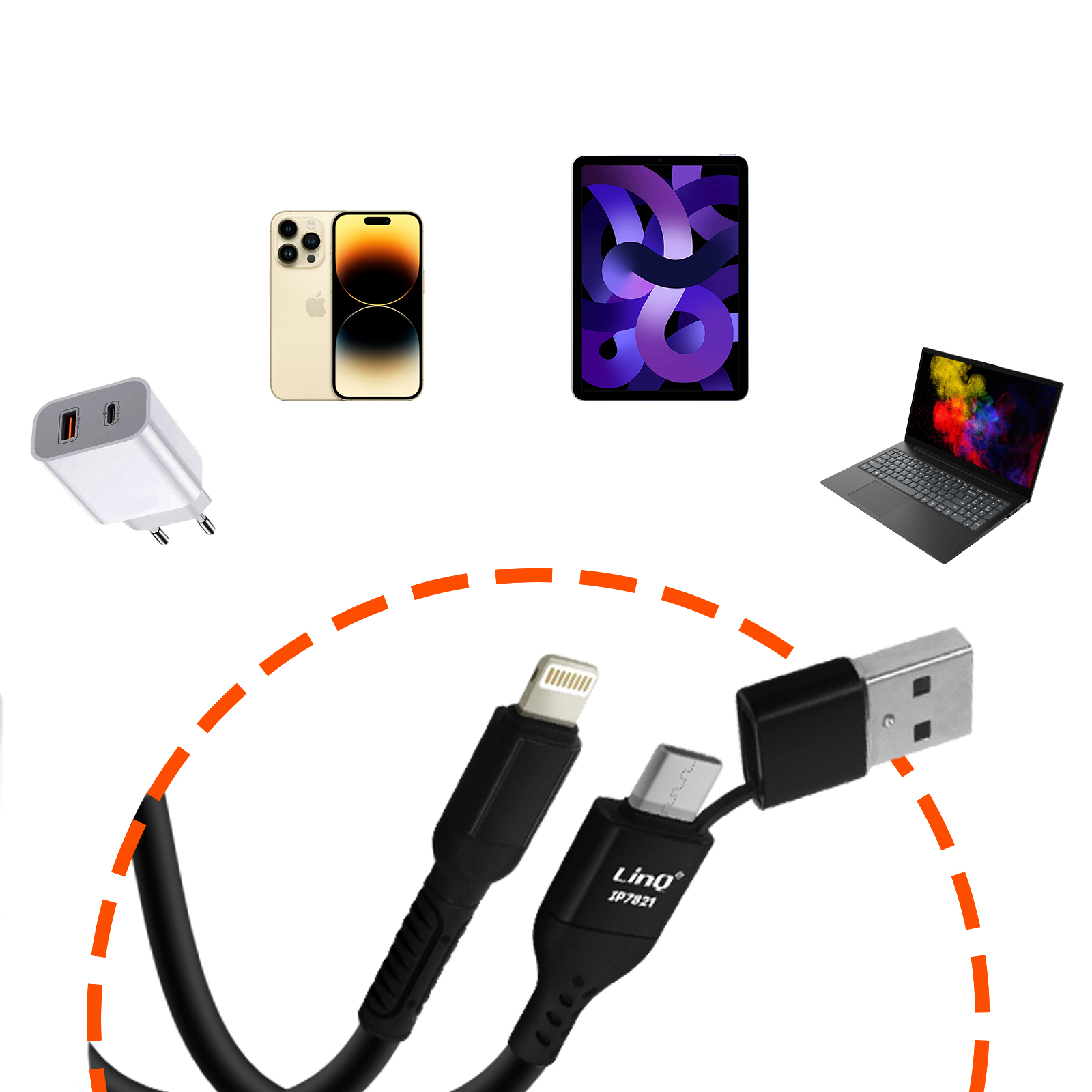 Câble USB 3 en 1 vers USB-C / iPhone Lightning / Micro-USB - Charge  Ultra-rapide 5A - Longueur 1.2m, LinQ - Blanc - Français
