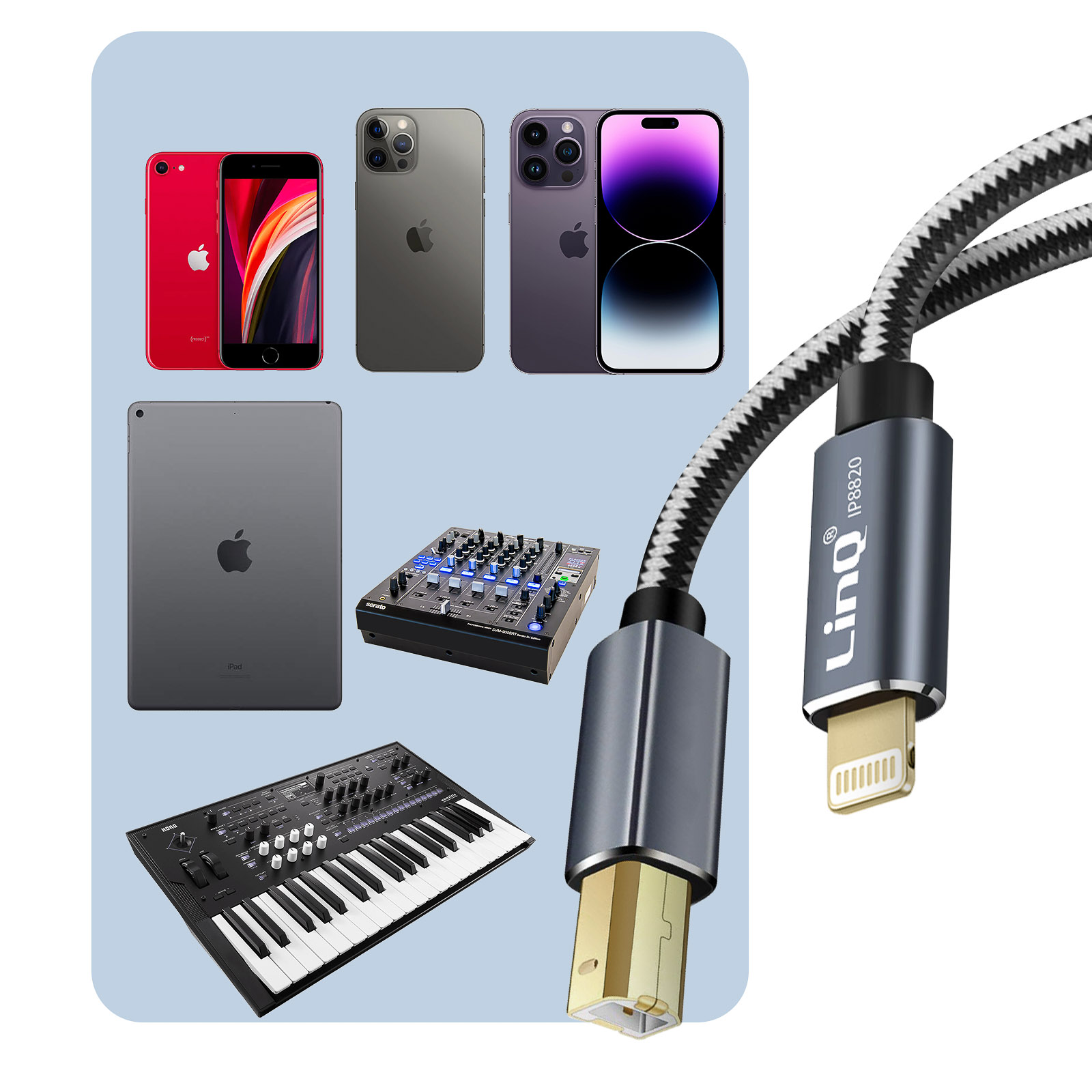 Cavo stampante per iPad e iPhone, da Lightning a USB tipo B in nylon  intrecciato, LinQ - 1 metro e 50 - Italiano