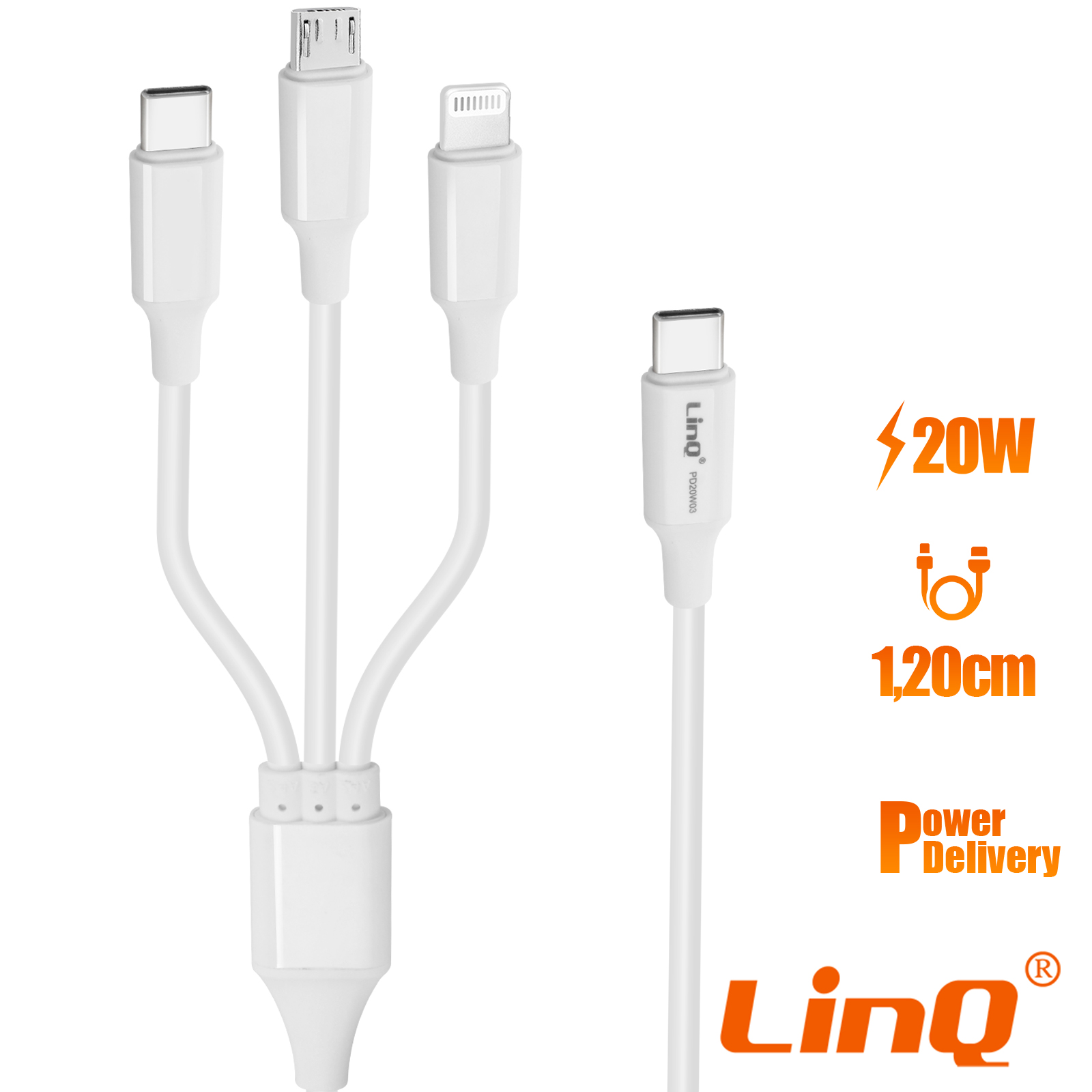 Câble USB-C 3 en 1 vers USB-C / iPhone Lightning / Micro-USB - Power  Delivery 20W - Longueur 1.2m, LinQ - Blanc - Français