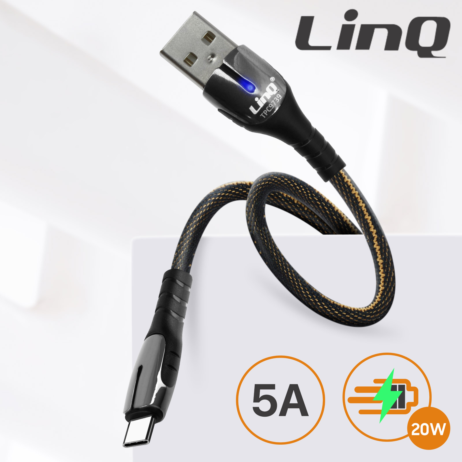 180cm - Cable Cordon Noir Prise double USB-C Charge Rapide