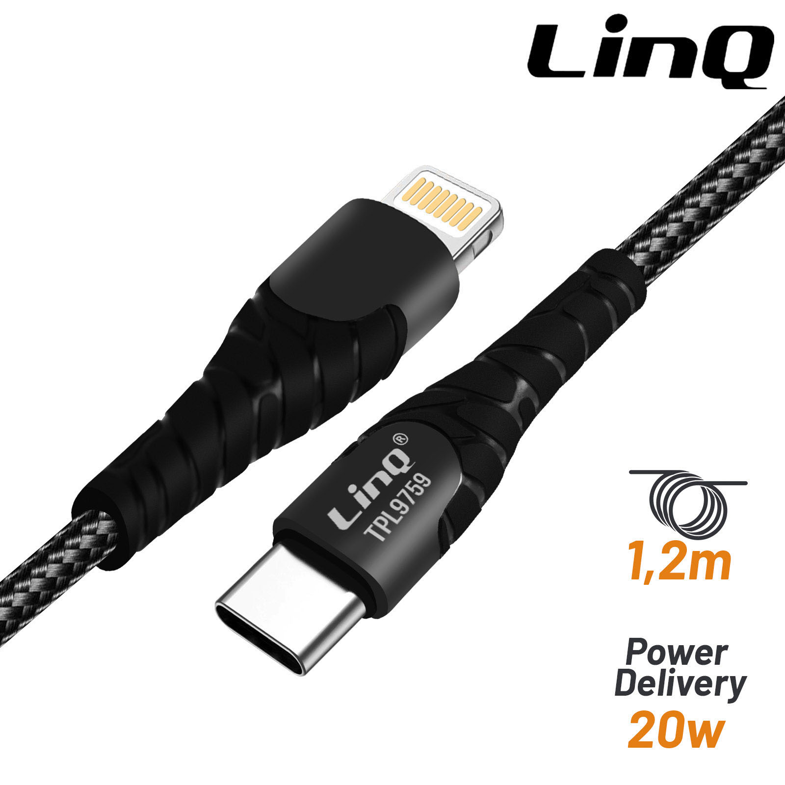 Câble iPhone Lightning 1.2m 5A 20W (charge rapide) en Nylon tressé  anti-noeud - Linq - Français