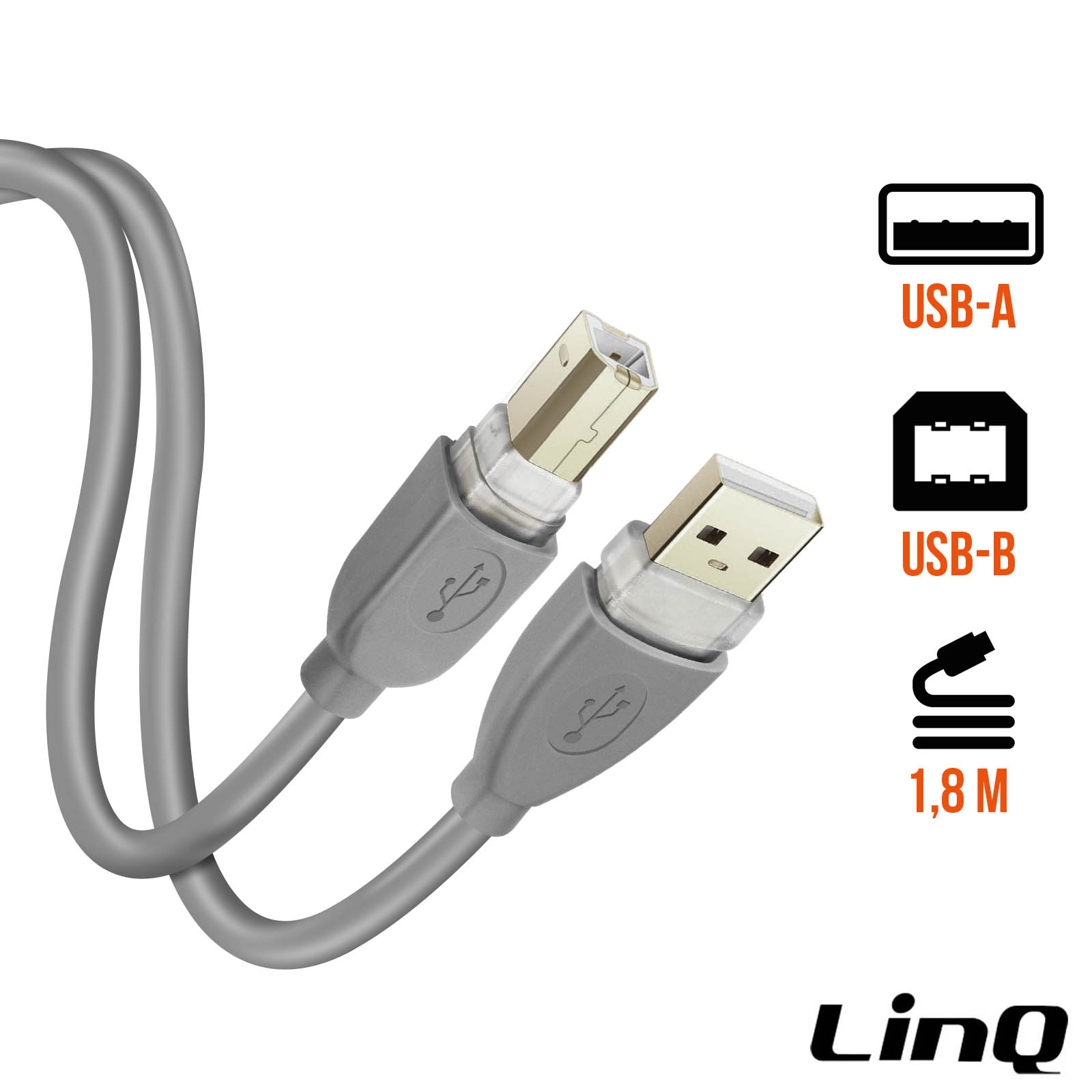 Câble imprimante USB 2.0 1,8m LinQ, Port USB Type B pour Scanner