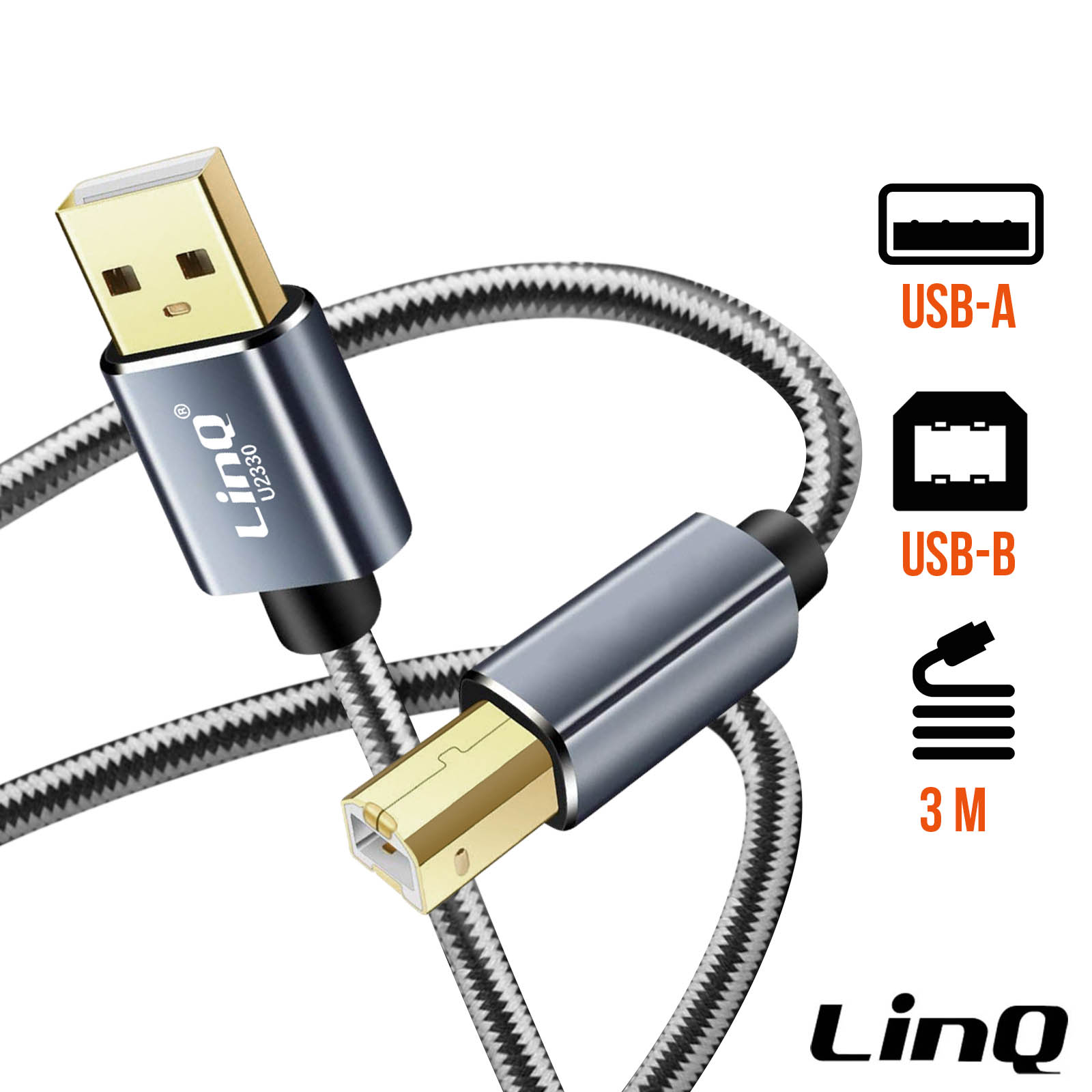 Câble USB de couleur blanc et d'une longueur de 2 mètres (A/B)