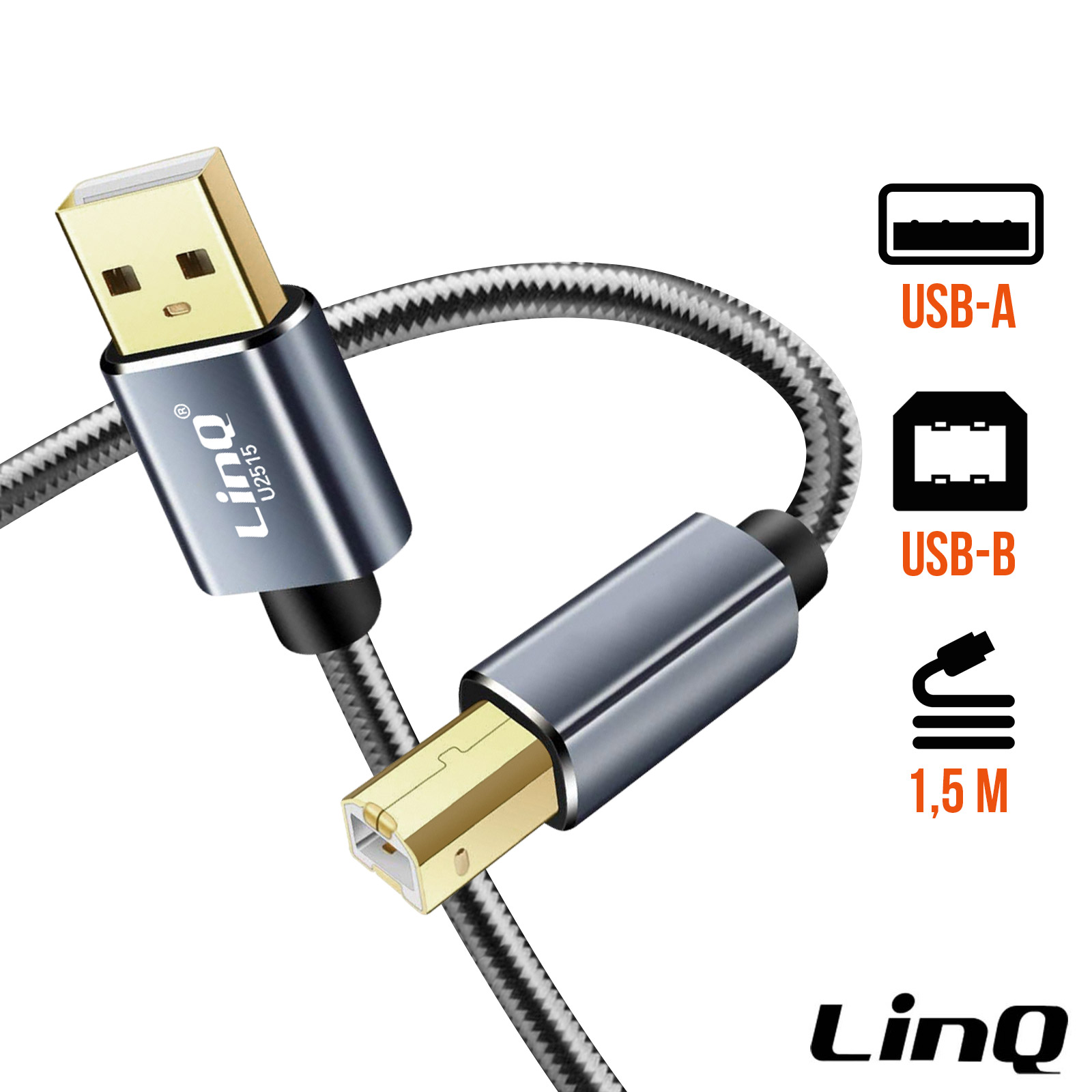 Câble imprimante USB 2.0 Nylon tressé 1,5m LinQ, Port USB Type B