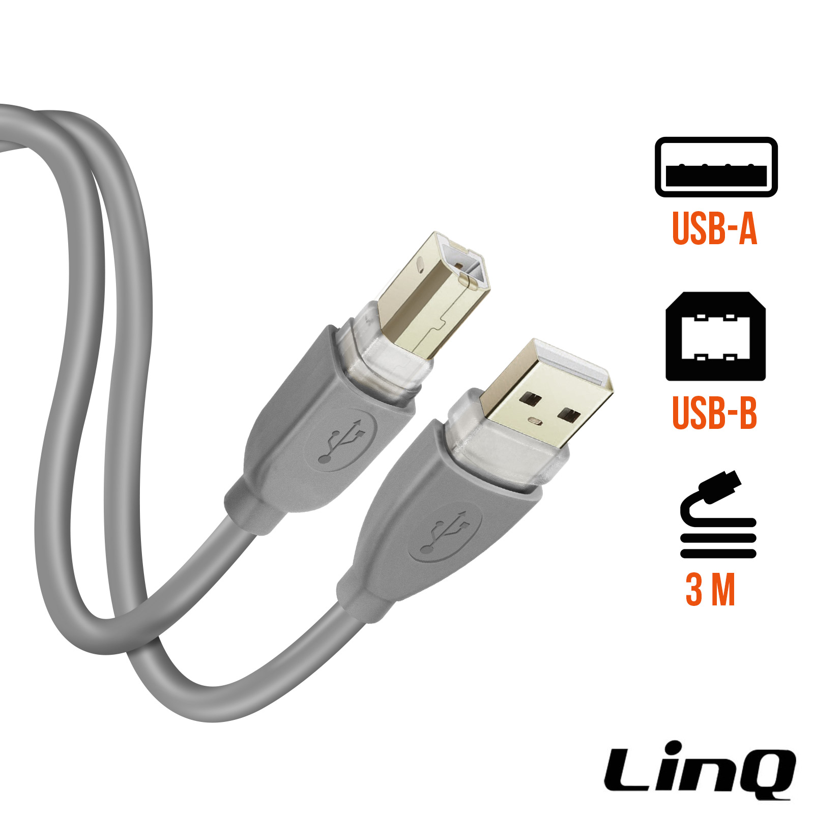 Câble imprimante USB 2.0 3 mètres LinQ, Port USB Type B pour