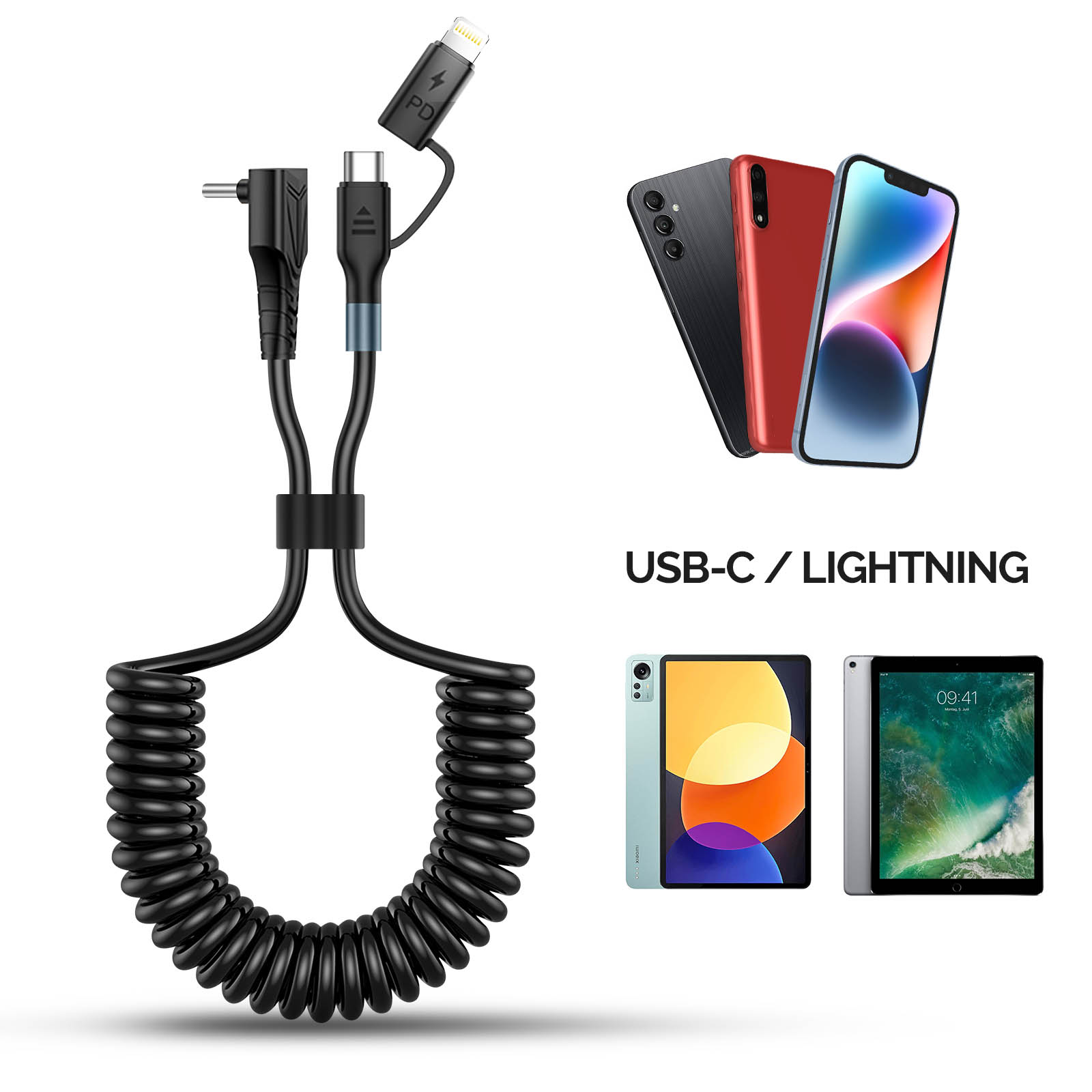 Avizar Câble spiralé USB-C vers USB-C + iPhone Lightning, Design coudé Noir  1,5m - Accessoires divers smartphone - LDLC