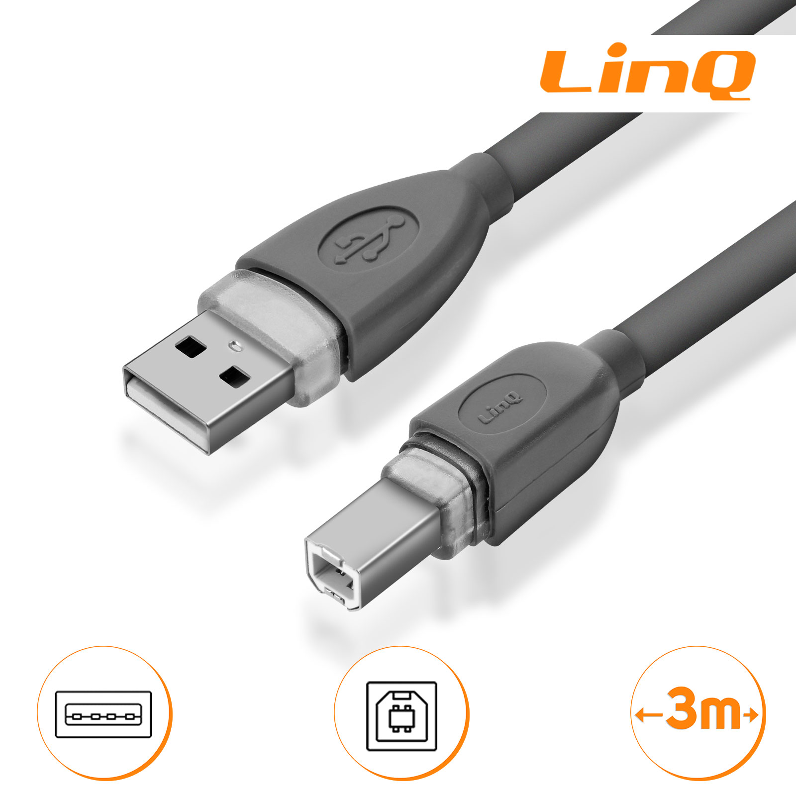 Cavo USB 2.0 maschio tipo A a USB 2.0 maschio tipo B, 3 m LinQ - Grigio -  Italiano