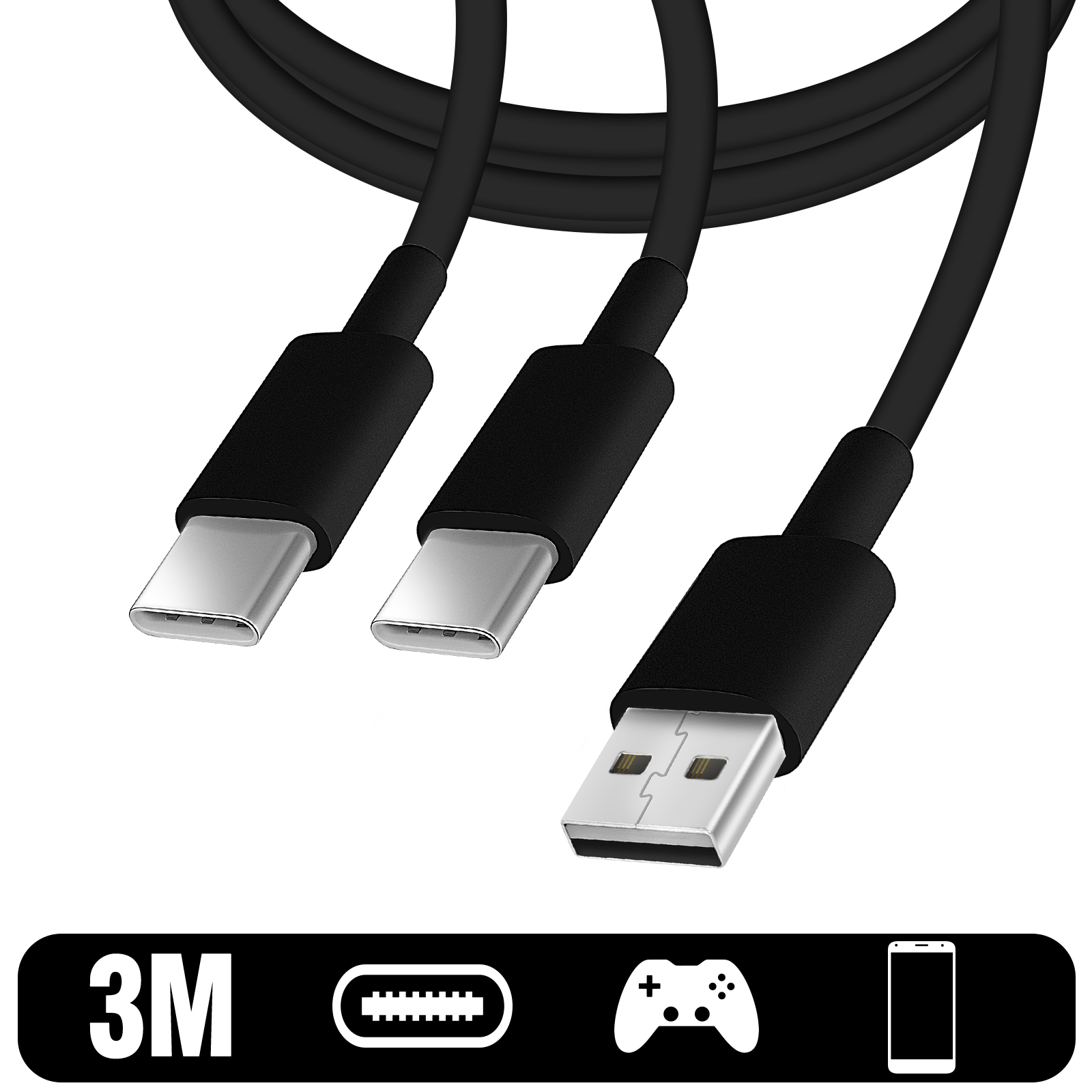 Câble Double USB-C / USB, Charge Rapide 3m - Noir p. Manette PS5