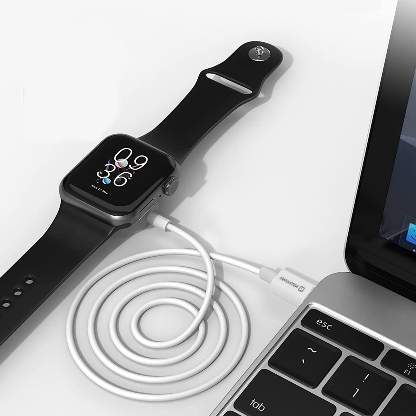 Chargeur Sans Fil Magnétique Apple Watch série 1, 2, 3, 4, 5, 6, SE, 7  Puissance 3W, Câble USB 1,2m Swissten - Blanc - Français