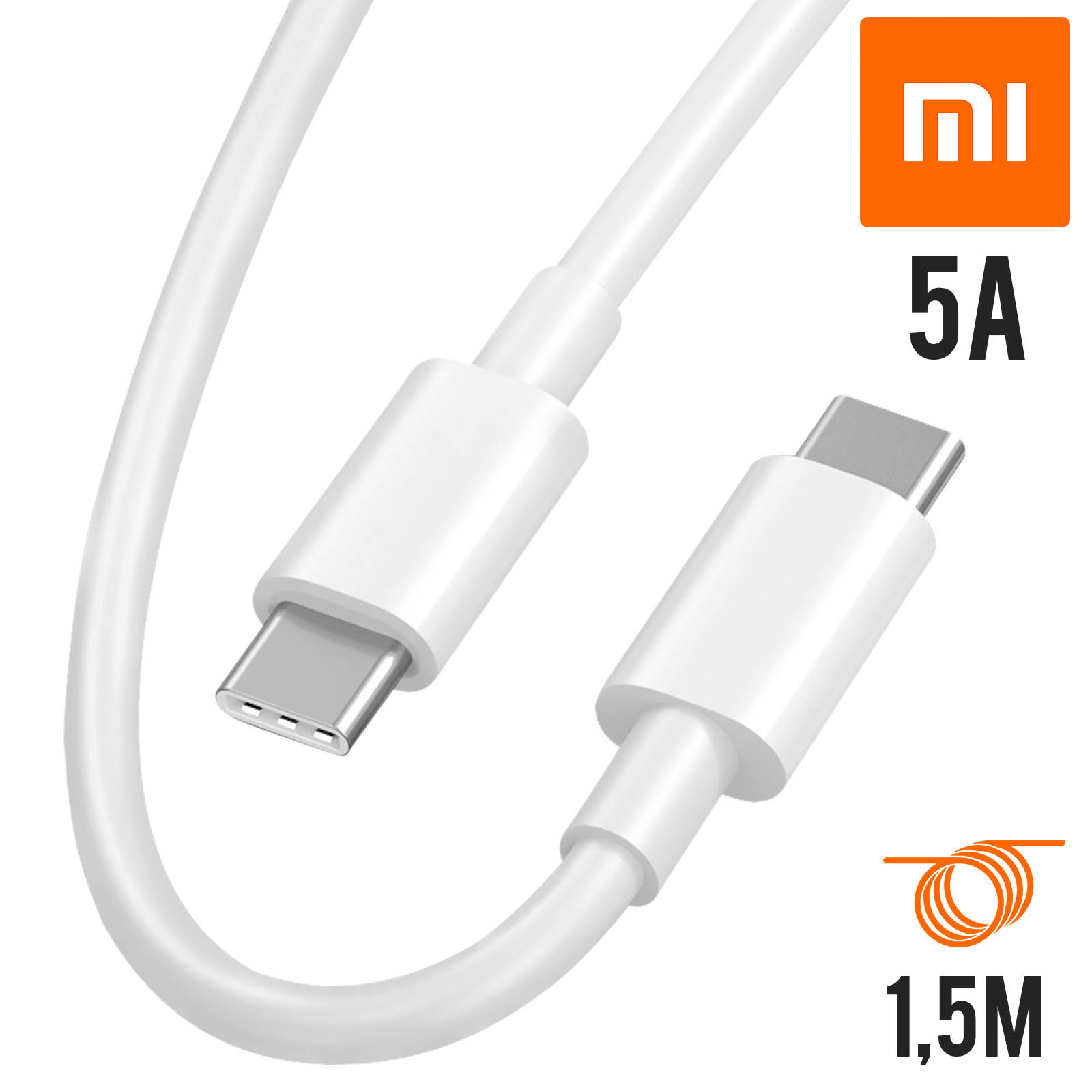 Cable Xiaomi Original Double USB-C 5A, Charge Rapide et Synchronisation,  1m50 - Blanc - Français