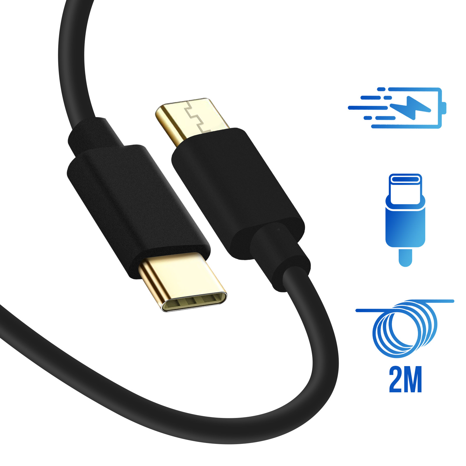 Câble USB-C vers USB-C de 2M, Charge et Synchronisation - Noir