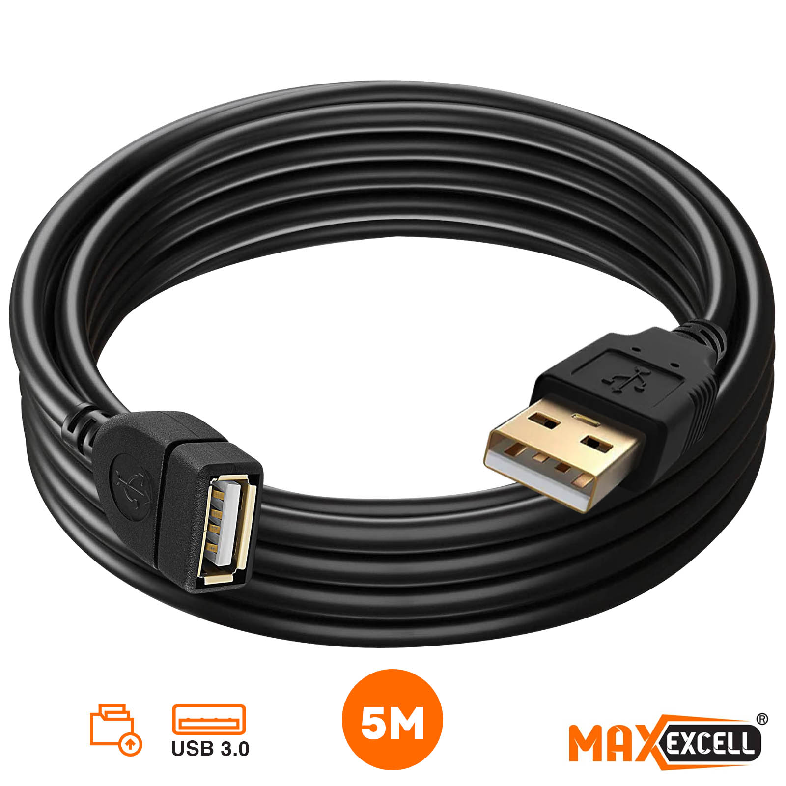 Rallonge USB, Transfert de Données Rapide Câble d'Extension 5m, Max Excell  - Noir - Français